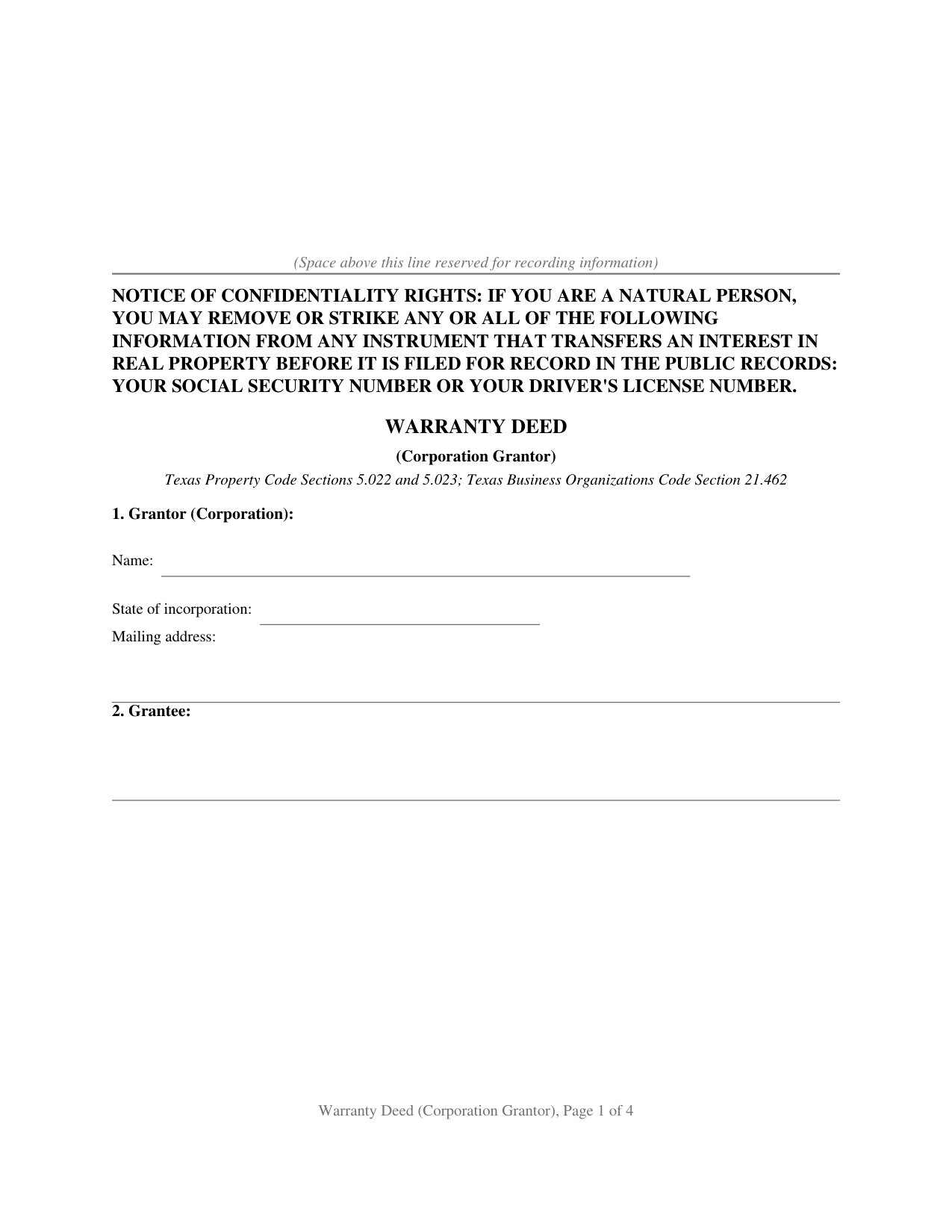 Texas Warranty Deed (Corporation Grantor)