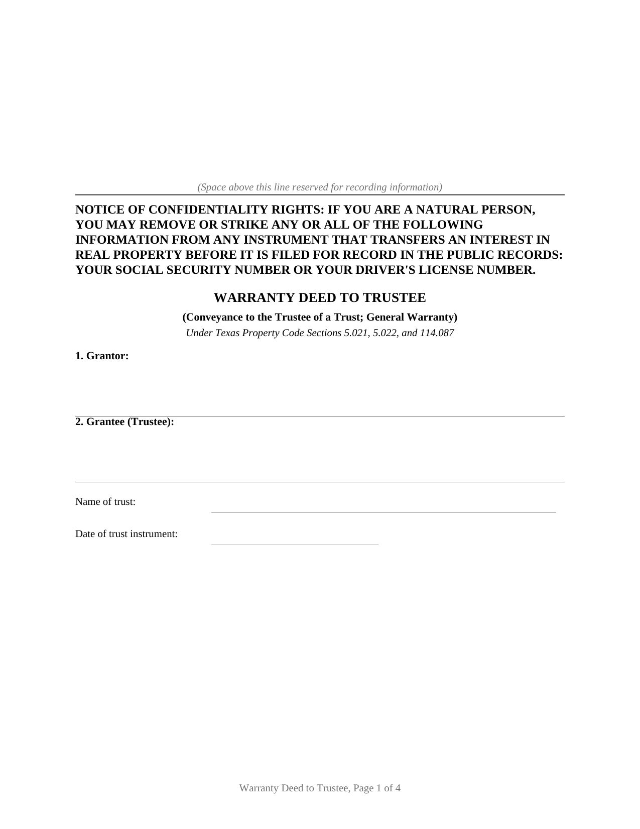 Texas Warranty Deed to Trustee
