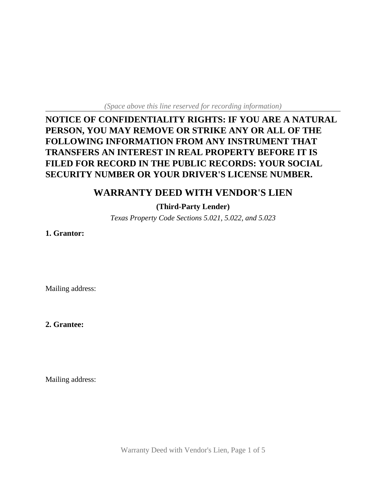 Texas Warranty Deed with Vendors Lien (Third-Party Lender)