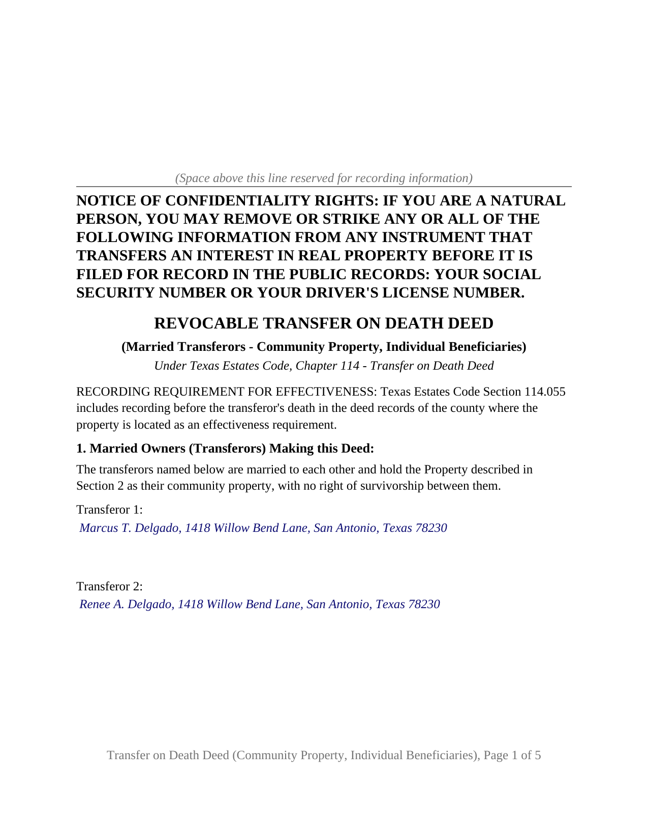 Potter County Completed Example of the Transfer on Death Deed (Community Property, Individual Beneficiaries) Document