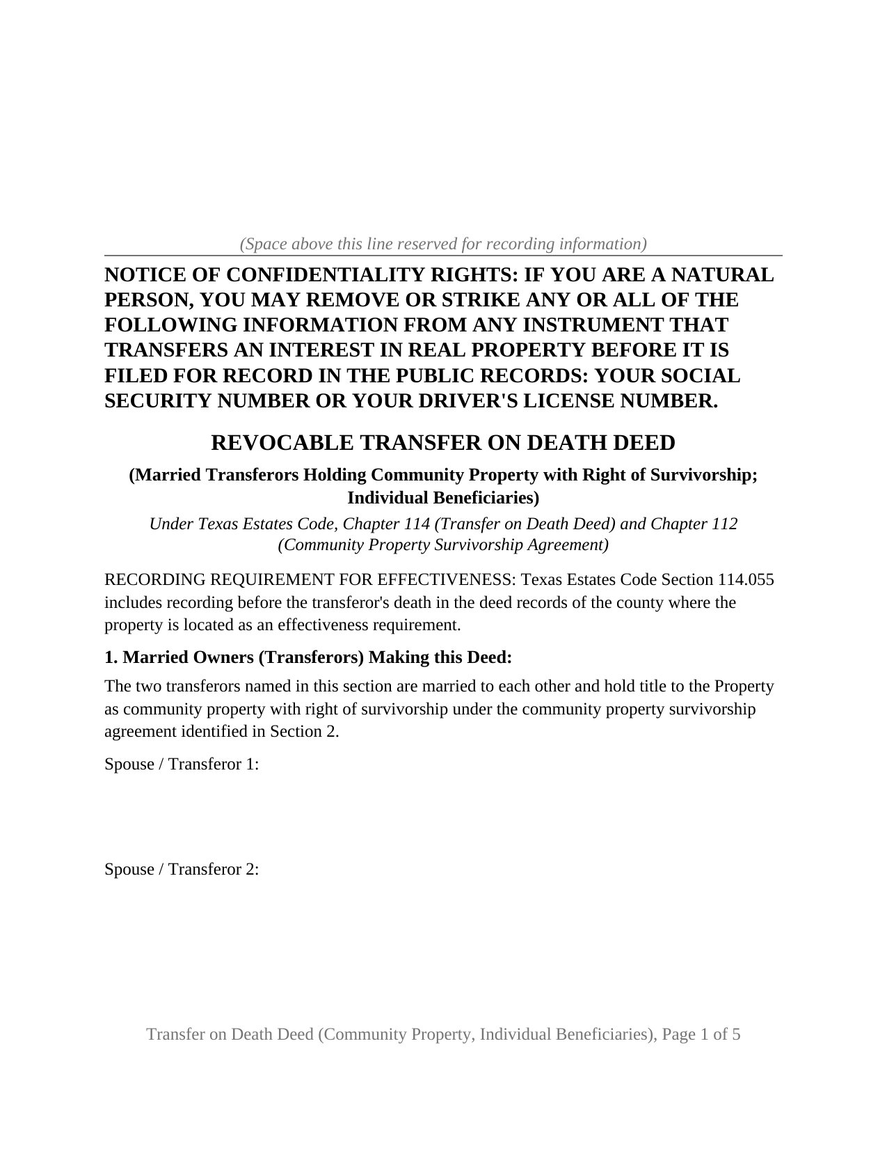 Potter County Transfer on Death Deed (Community Property with Right of Survivorship, Individual Beneficiaries) Form