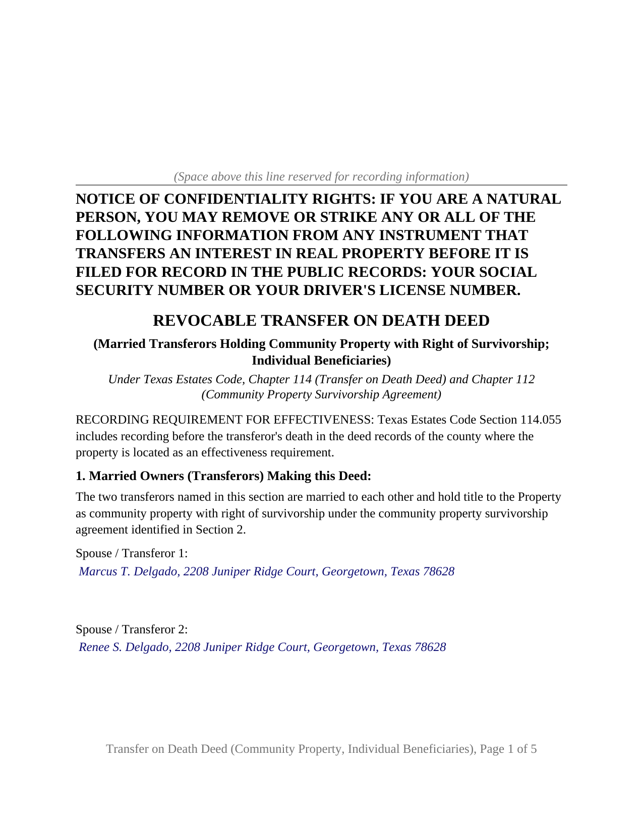 Potter County Completed Example of the Transfer on Death Deed (Community Property with Right of Survivorship, Individual Beneficiaries) Document