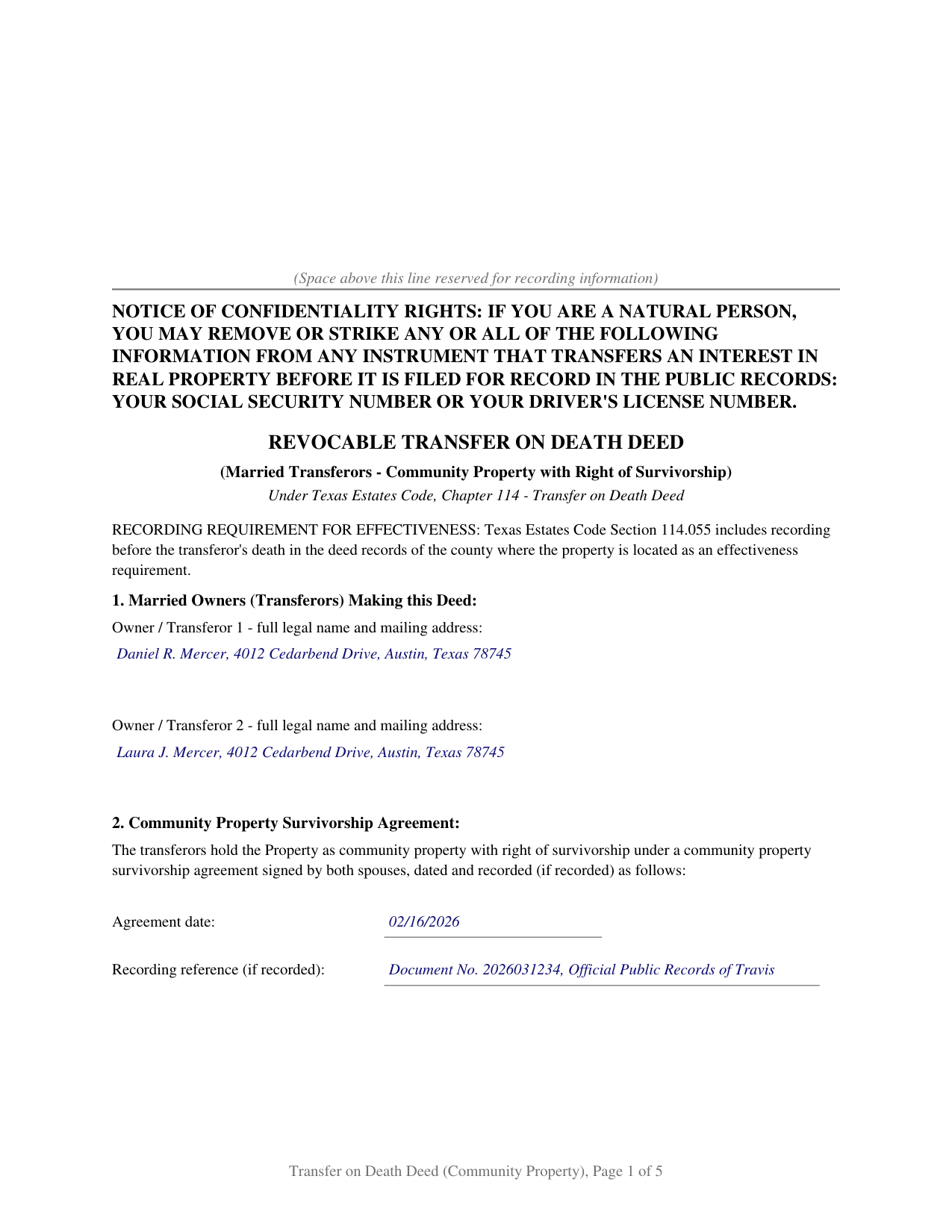 Castro County Completed Example of the Transfer on Death Deed (Community Property with Right of Survivorship) Document