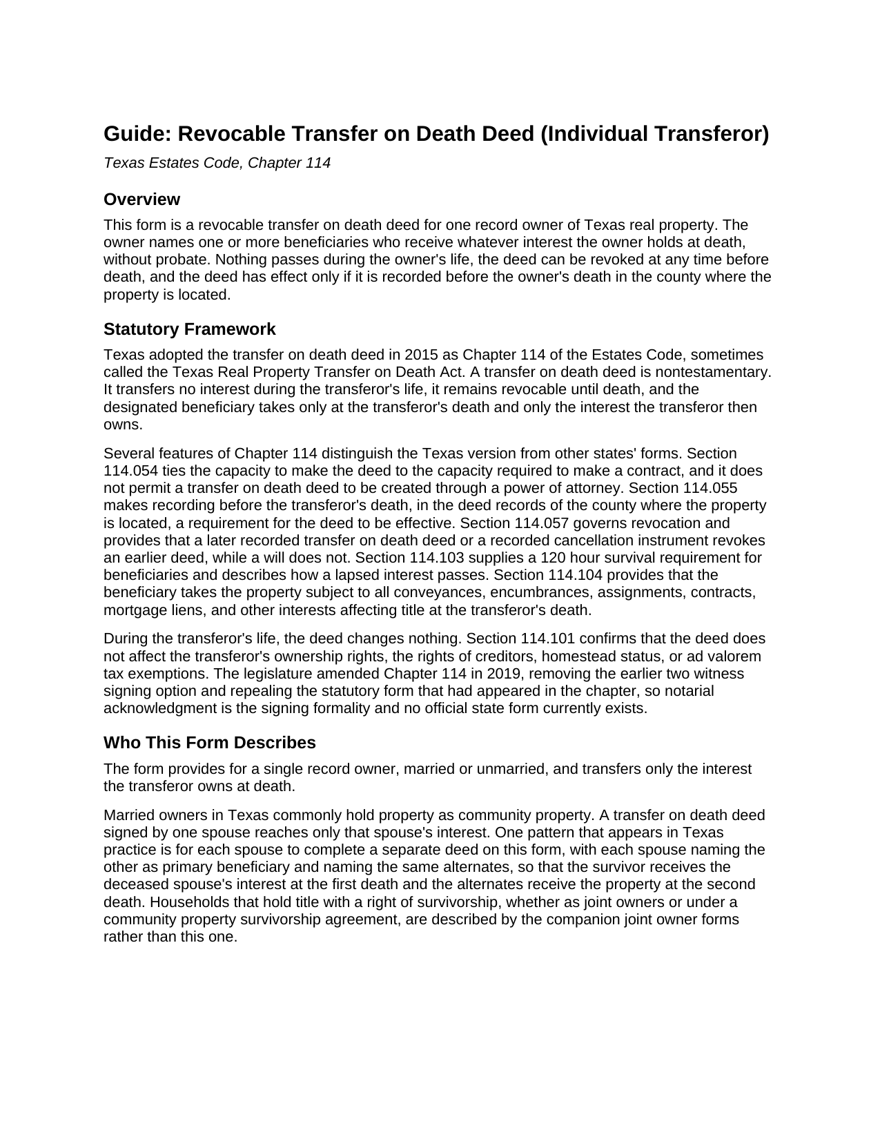 Castro County Transfer on Death Deed (Individual) Guide