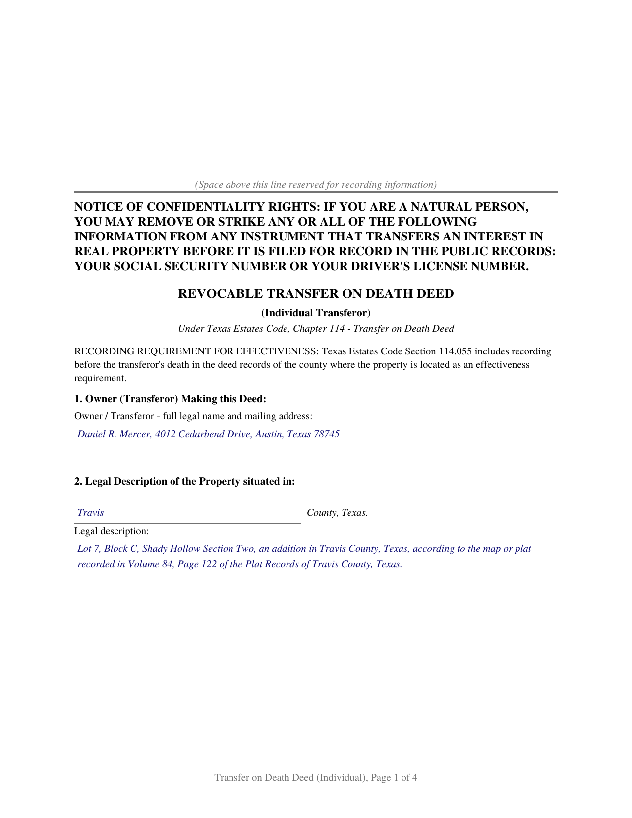 Castro County Completed Example of the Transfer on Death Deed (Individual) Document
