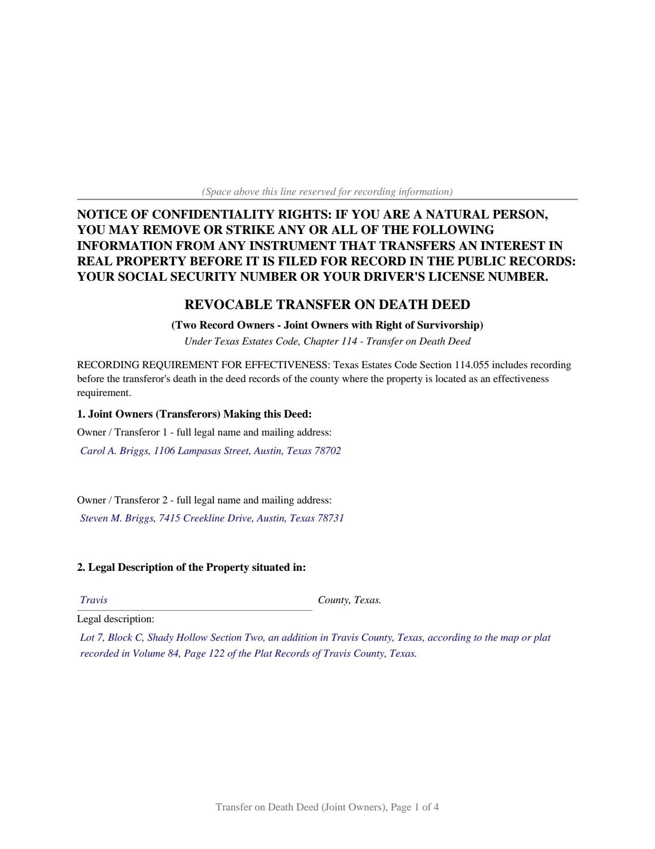 Castro County Completed Example of the Transfer on Death Deed (Joint Owners with Right of Survivorship) Document
