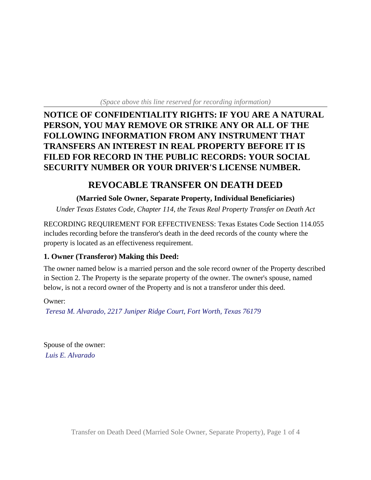 Crosby County Completed Example of the Transfer on Death Deed (Married Sole Owner, Separate Property, Individual Beneficiaries) Document