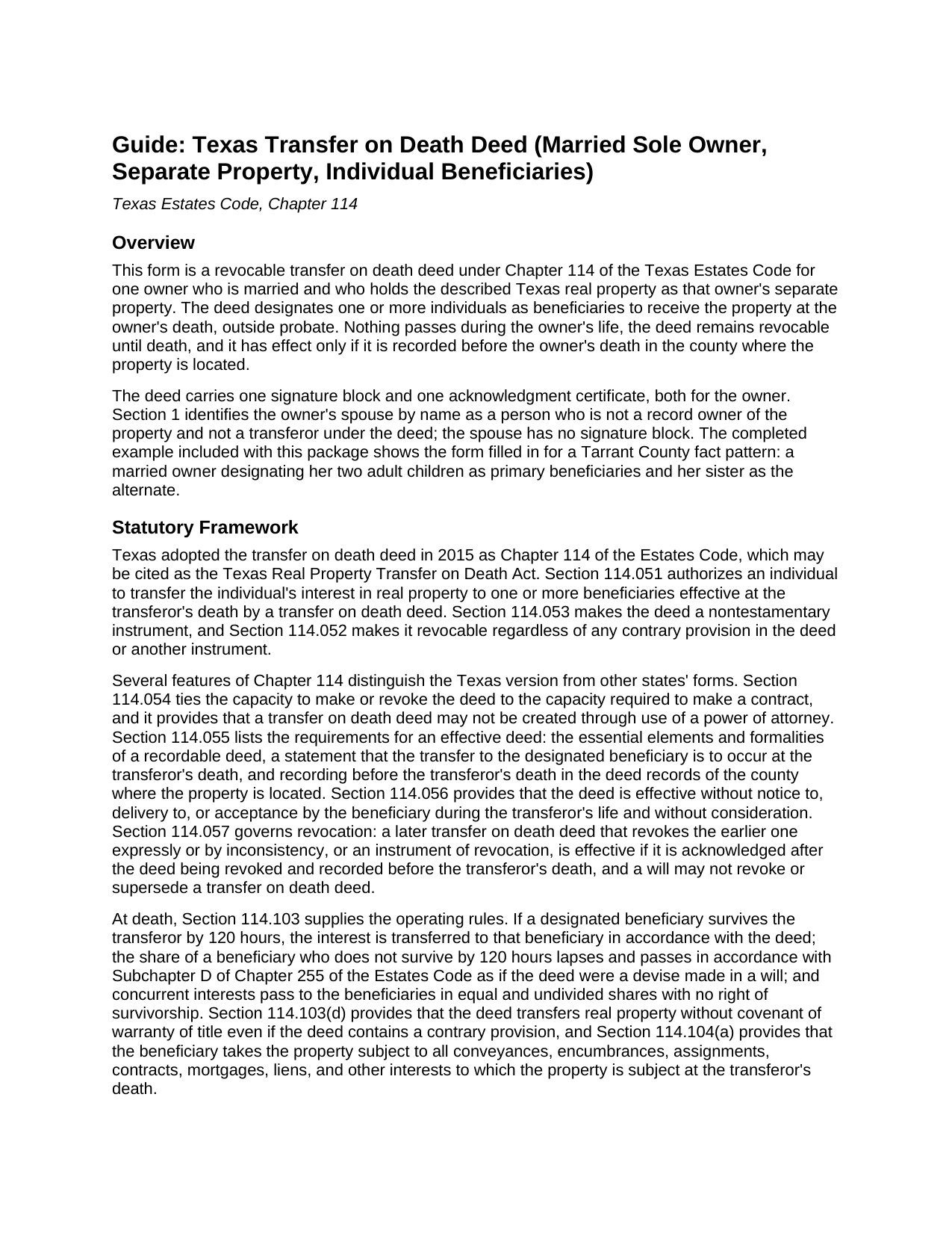 Crosby County Transfer on Death Deed (Married Sole Owner, Separate Property, Individual Beneficiaries) Guide