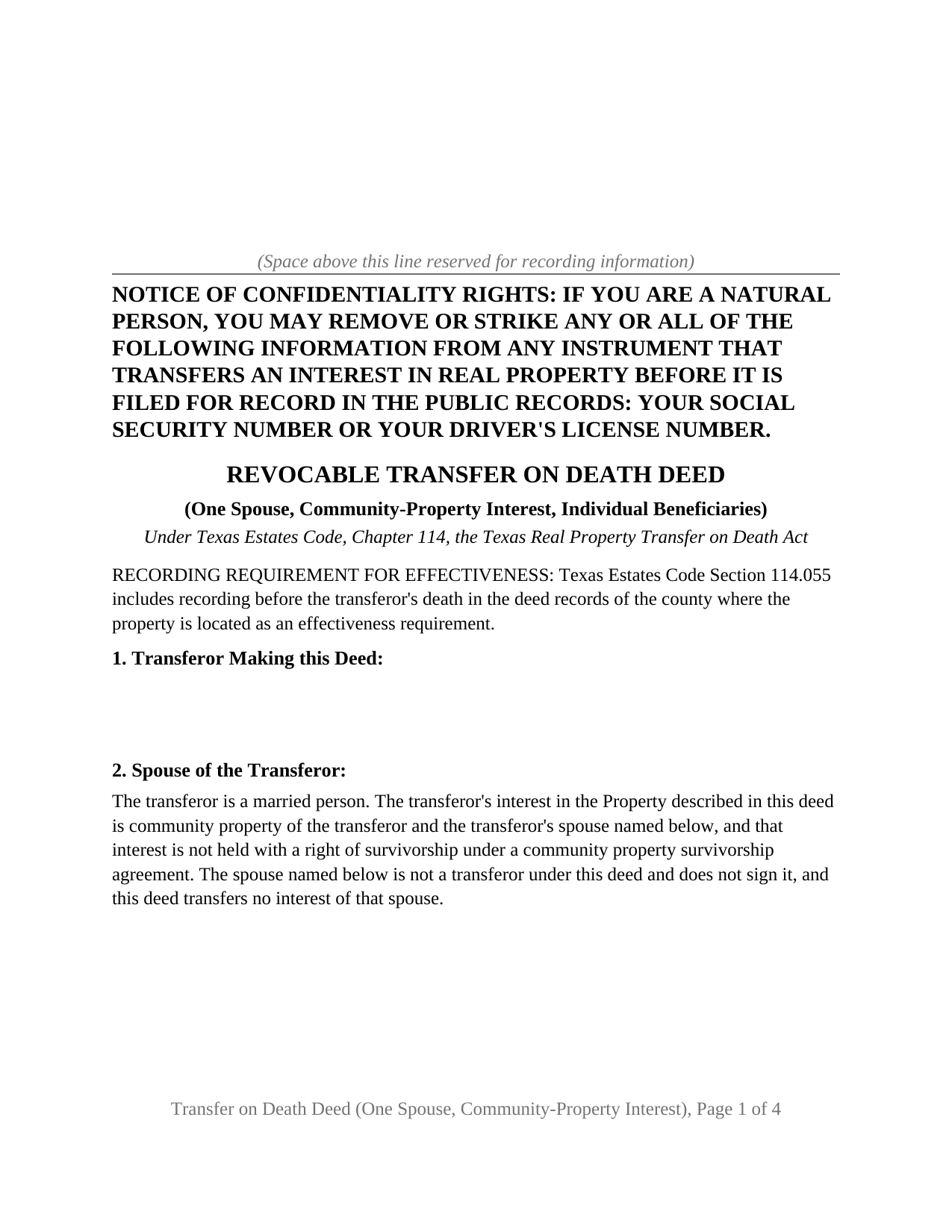 Erath County Transfer on Death Deed (One Spouse, Community-Property Interest, Individual Beneficiaries) Form