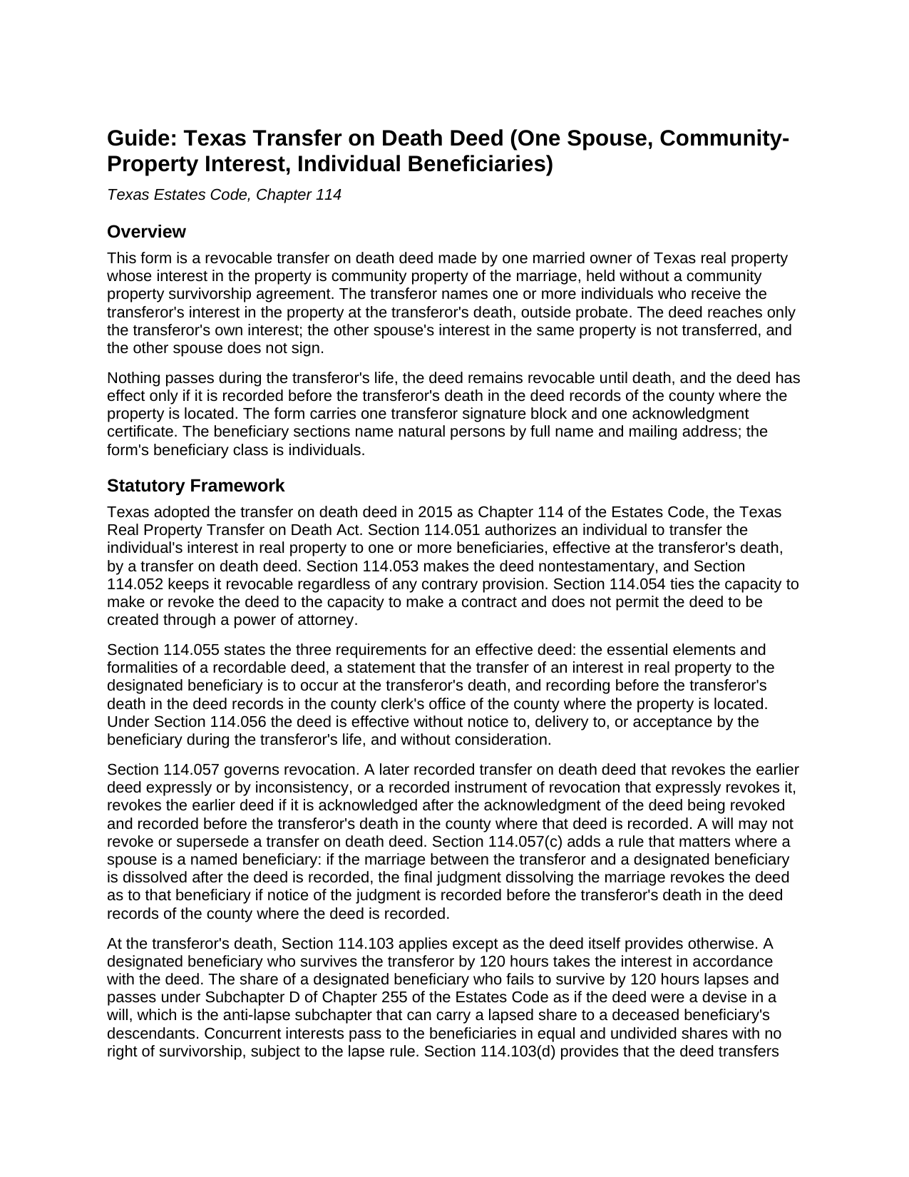 Erath County Transfer on Death Deed (One Spouse, Community-Property Interest, Individual Beneficiaries) Guide
