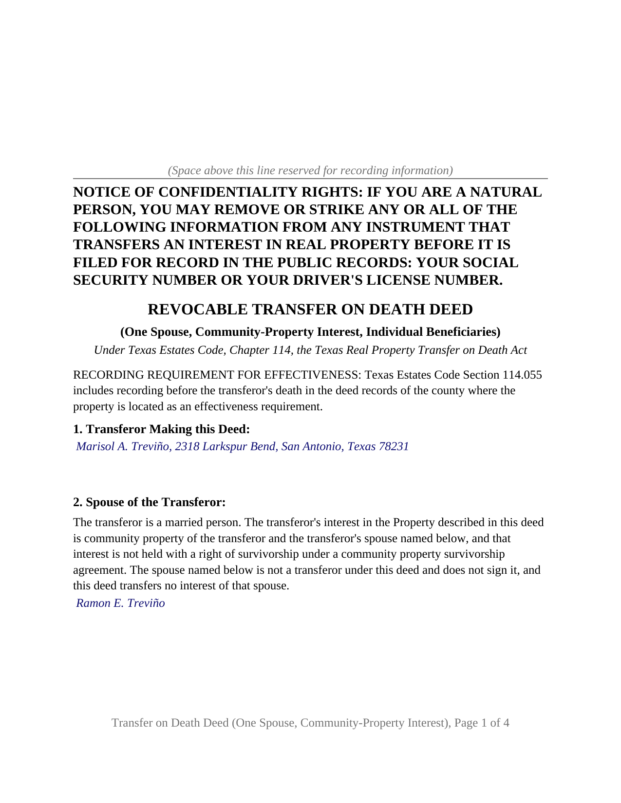 Erath County Completed Example of the Transfer on Death Deed (One Spouse, Community-Property Interest, Individual Beneficiaries) Document