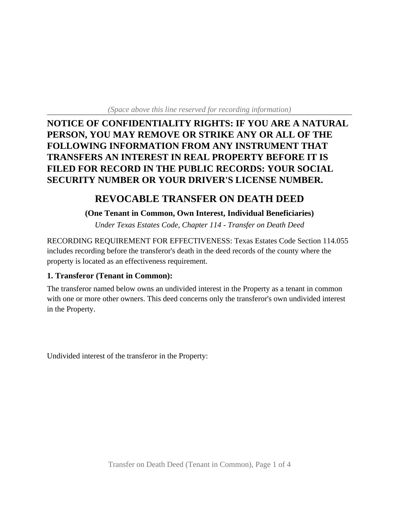Crosby County Transfer on Death Deed (One Tenant in Common, Own Interest, Individual Beneficiaries) Form