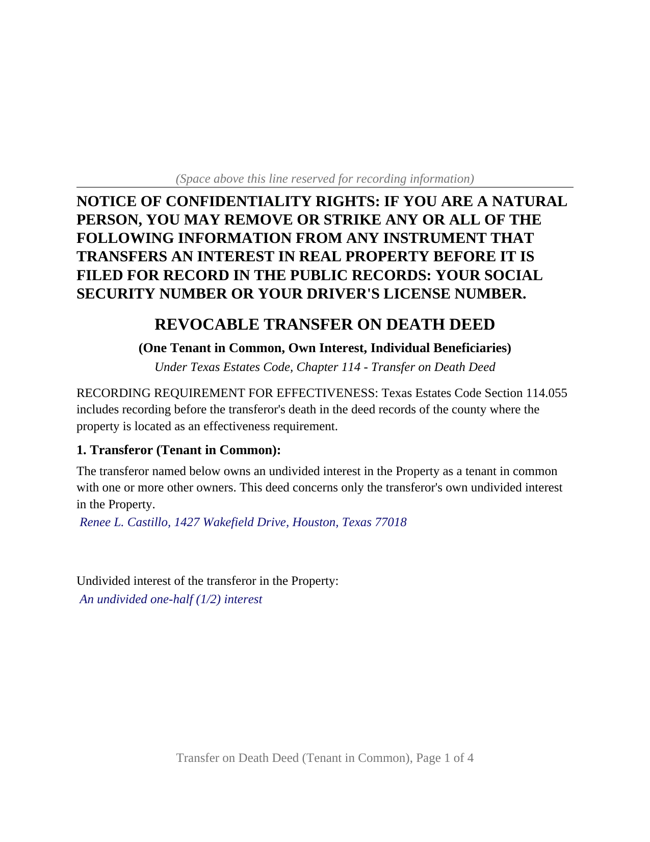 Crosby County Completed Example of the Transfer on Death Deed (One Tenant in Common, Own Interest, Individual Beneficiaries) Document