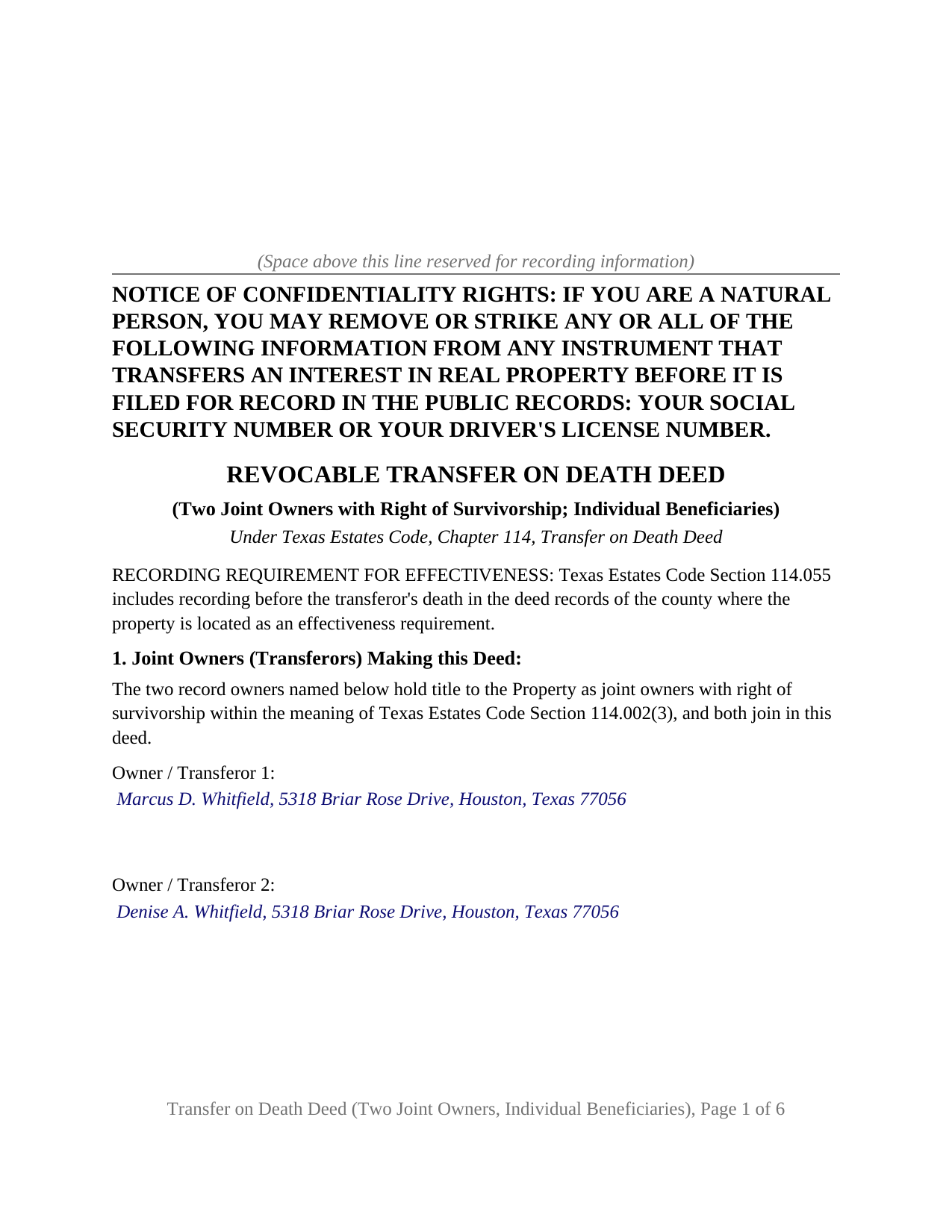 Crosby County Completed Example of the Transfer on Death Deed (Two Joint Owners with Right of Survivorship, Individual Beneficiaries) Document