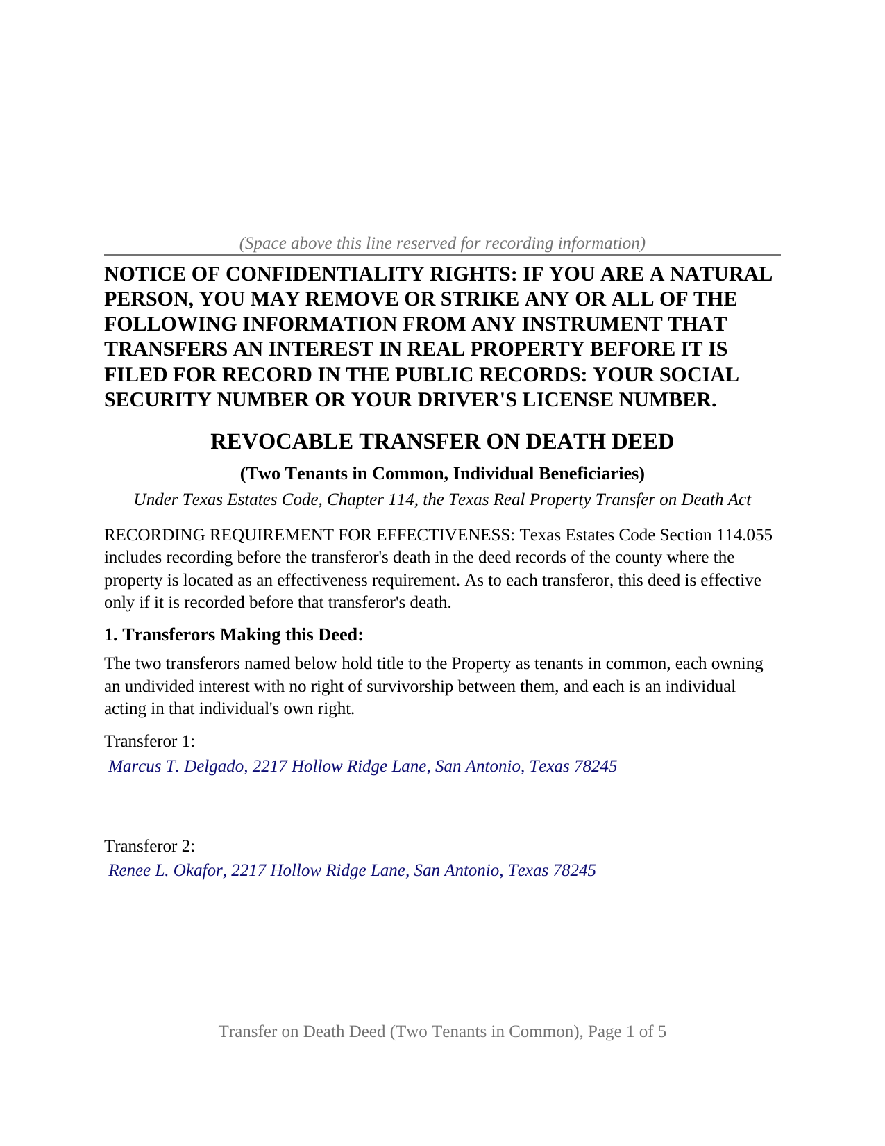 Crosby County Completed Example of the Transfer on Death Deed (Two Tenants in Common, Individual Beneficiaries) Document