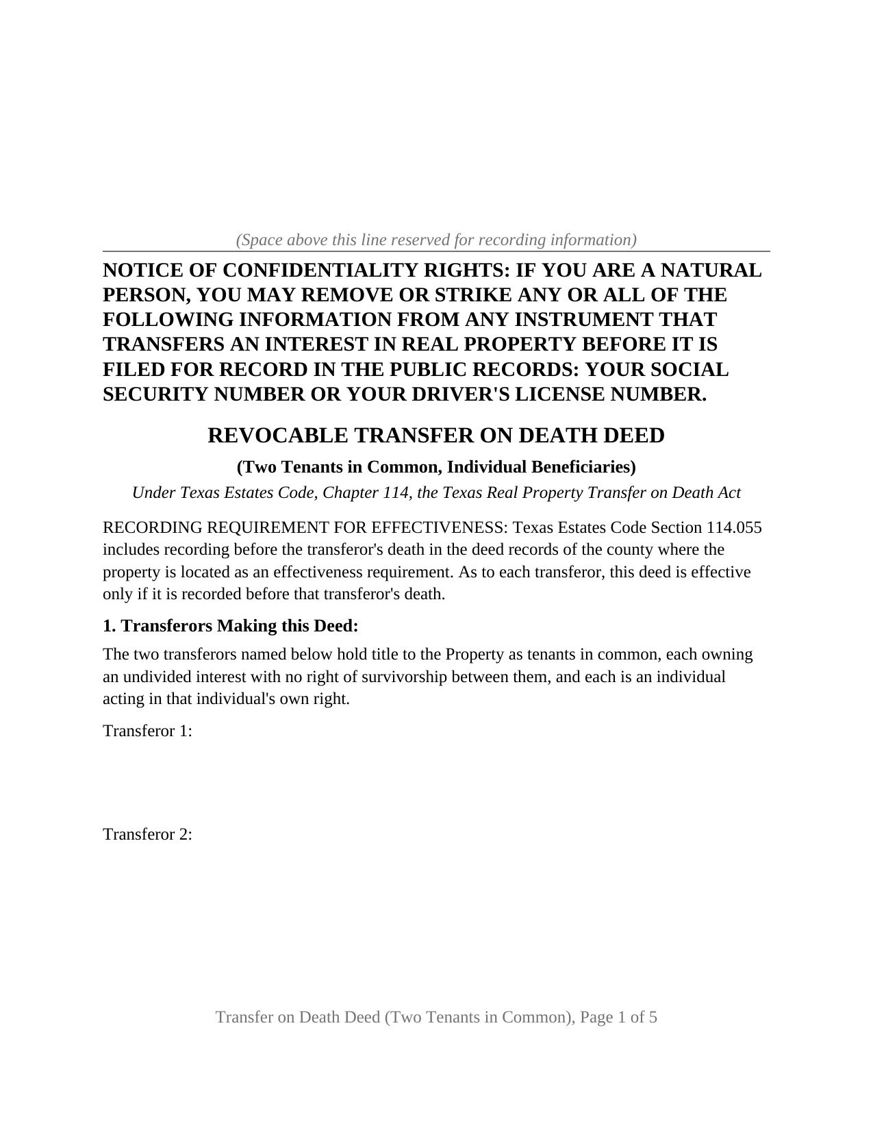 Crosby County Transfer on Death Deed (Two Tenants in Common, Individual Beneficiaries) Form