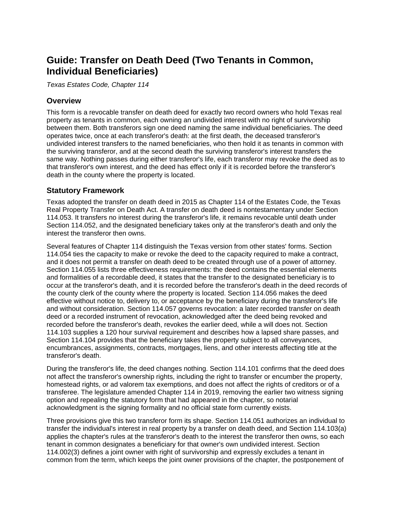 Crosby County Transfer on Death Deed (Two Tenants in Common, Individual Beneficiaries) Guide