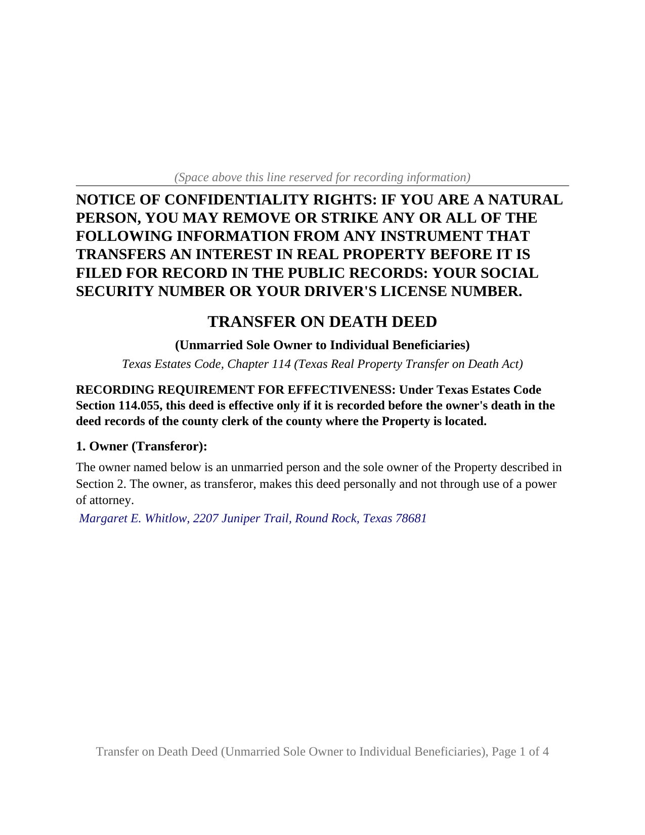 Houston County Completed Example of the Transfer on Death Deed (Unmarried Sole Owner to Individual Beneficiaries) Document