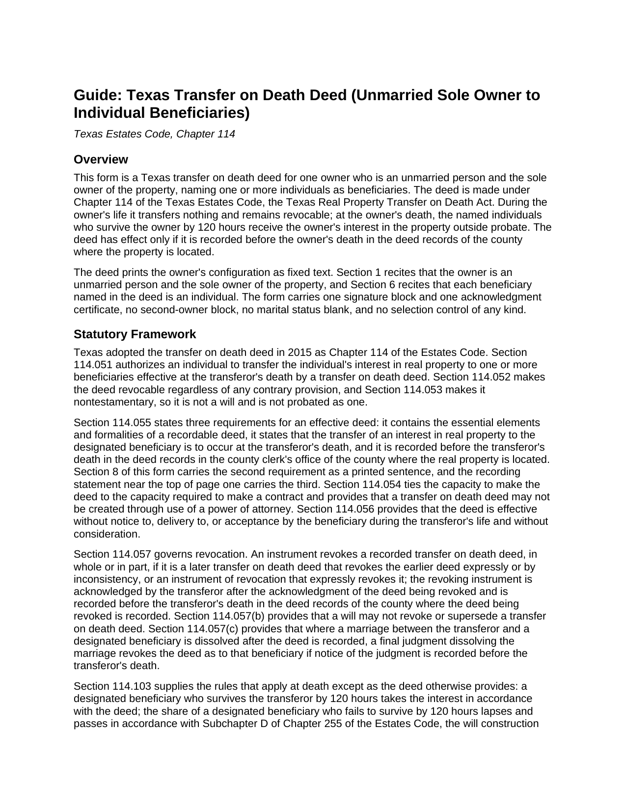Houston County Transfer on Death Deed (Unmarried Sole Owner to Individual Beneficiaries) Guide