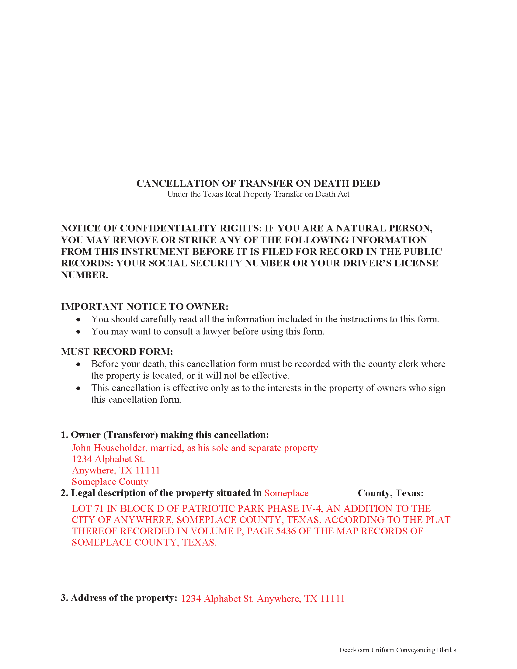 Freestone County Completed Example of the Transfer on Death Revocation Document
