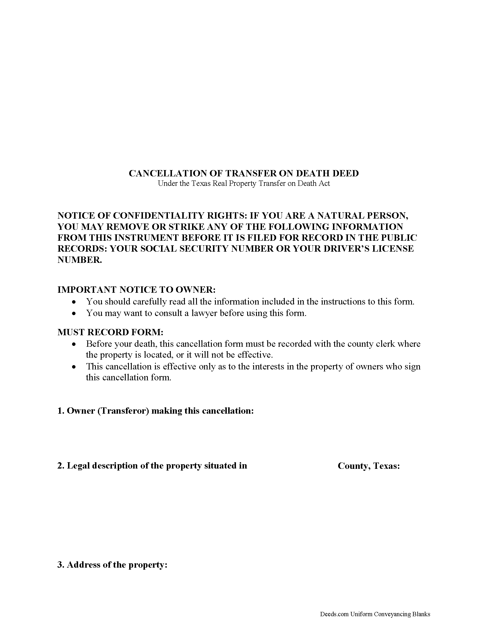 Freestone County Transfer on Death Revocation Form