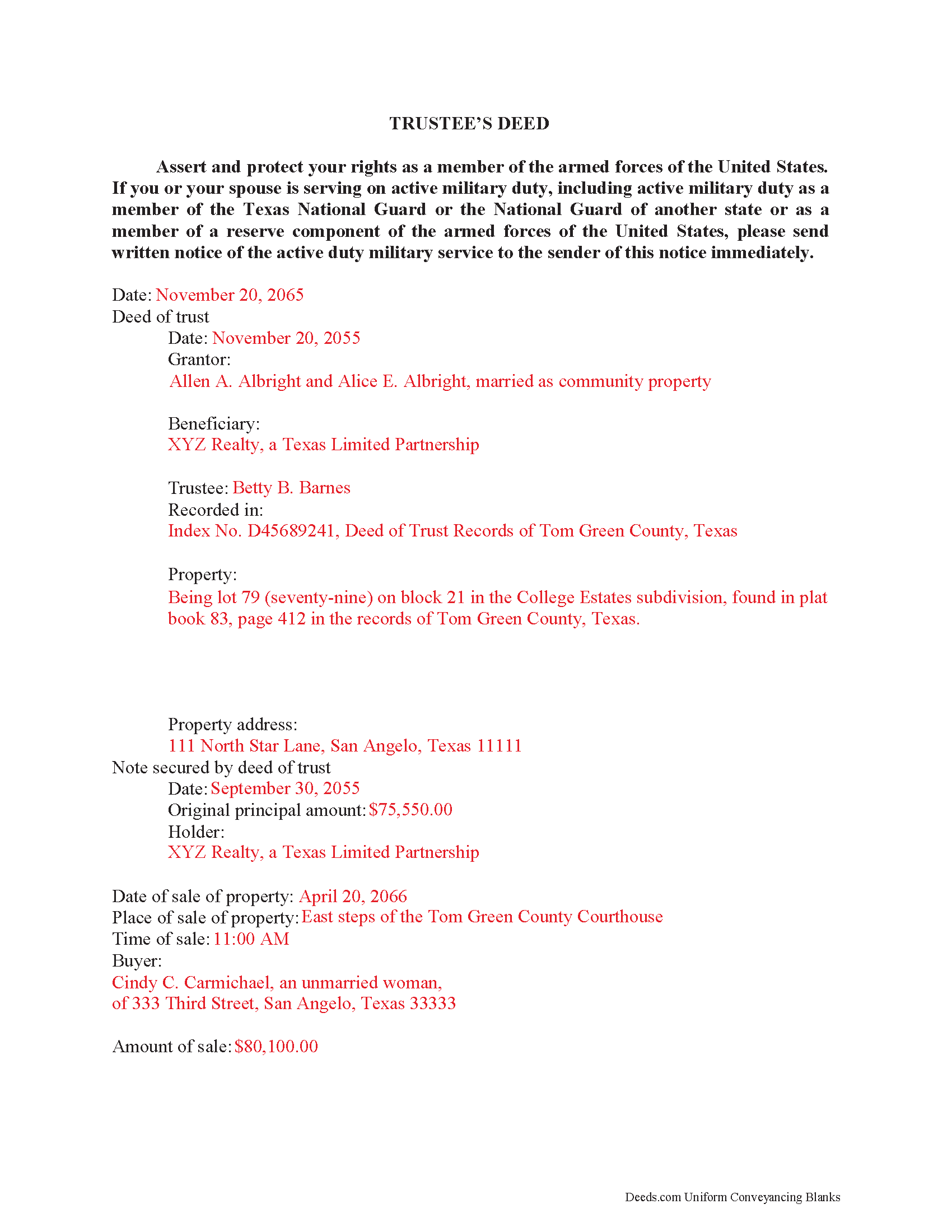 Freestone County Completed Example of a Trustee Deed Document