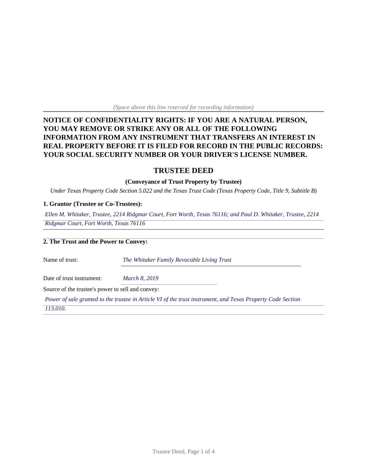 Bastrop County Completed Example of the Trustee Deed Document