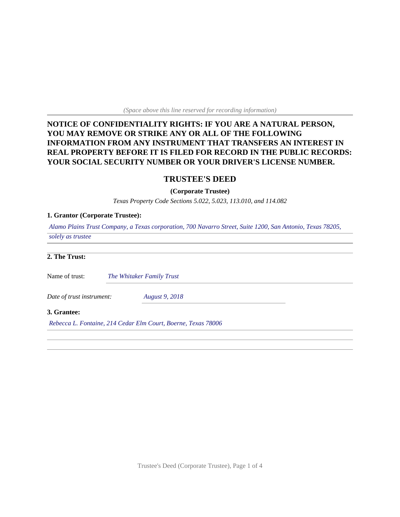 Henderson County Completed Example of the Trustees Deed (Corporate Trustee) Document