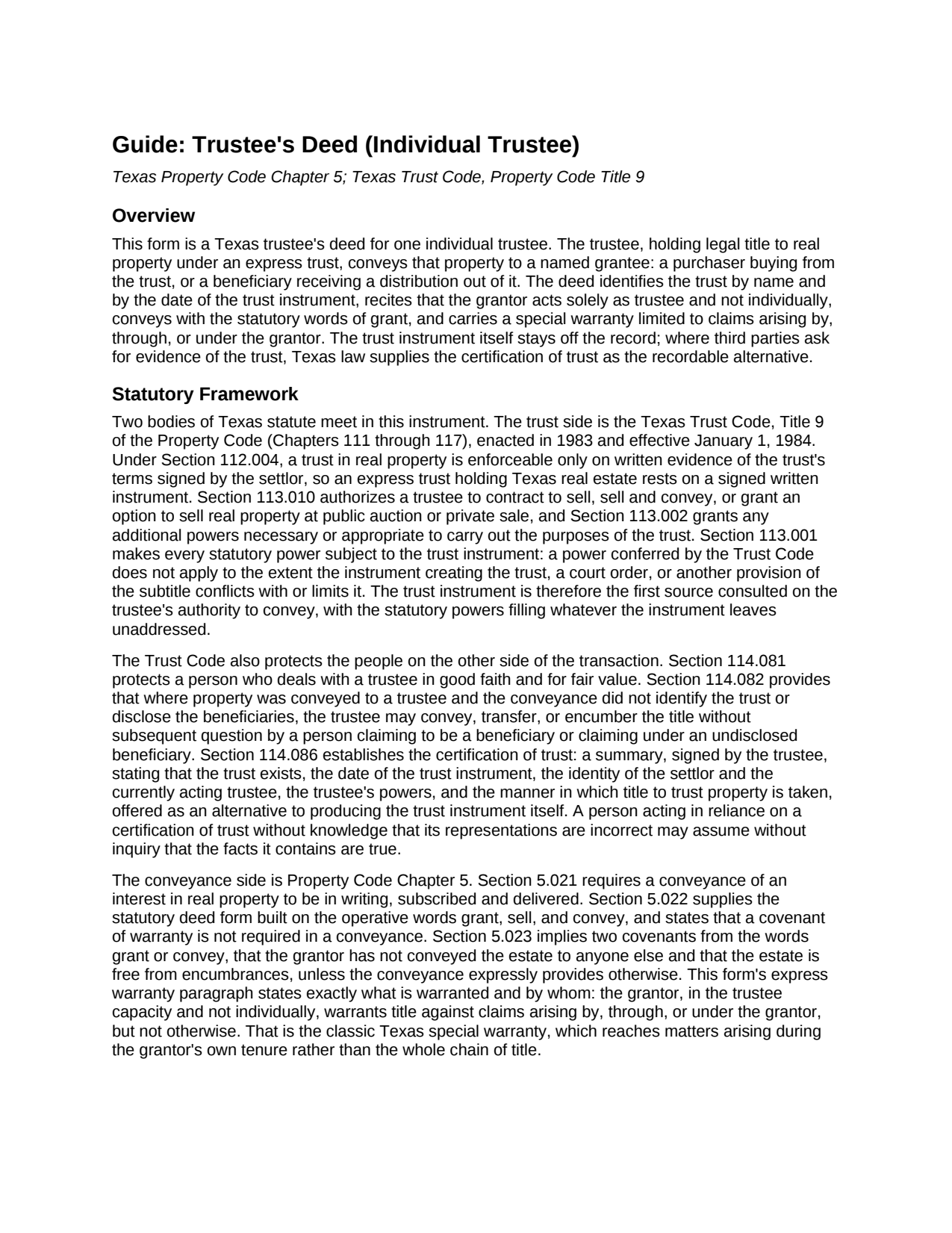 Bowie County Trustees Deed (Individual Trustee) Guide
