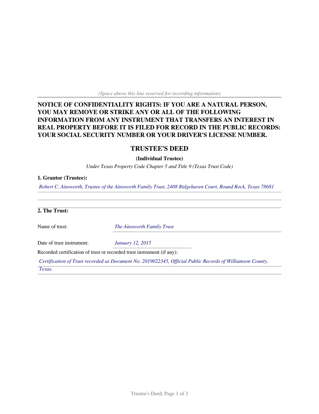 Bowie County Completed Example of the Trustees Deed (Individual Trustee) Document