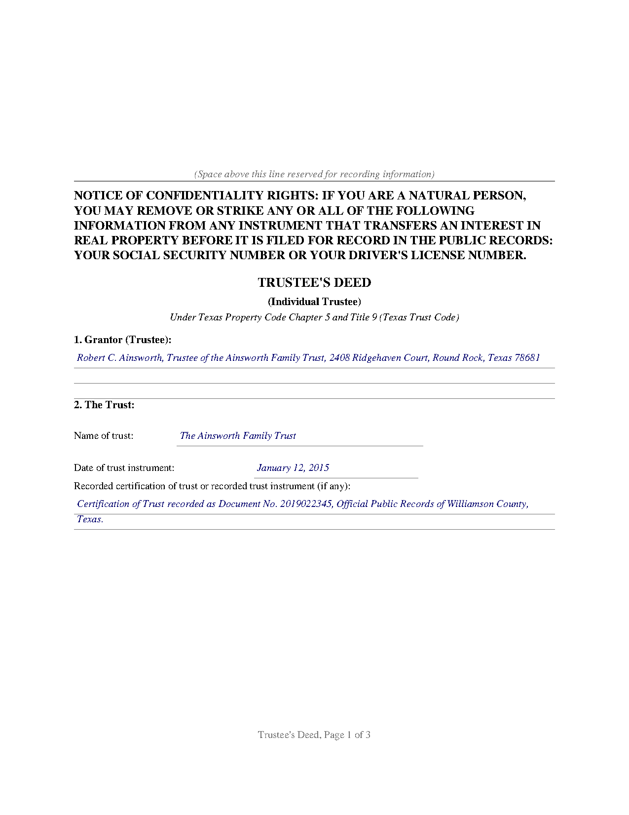 Orange County Completed Example of the Trustees Deed (Individual Trustee) Document