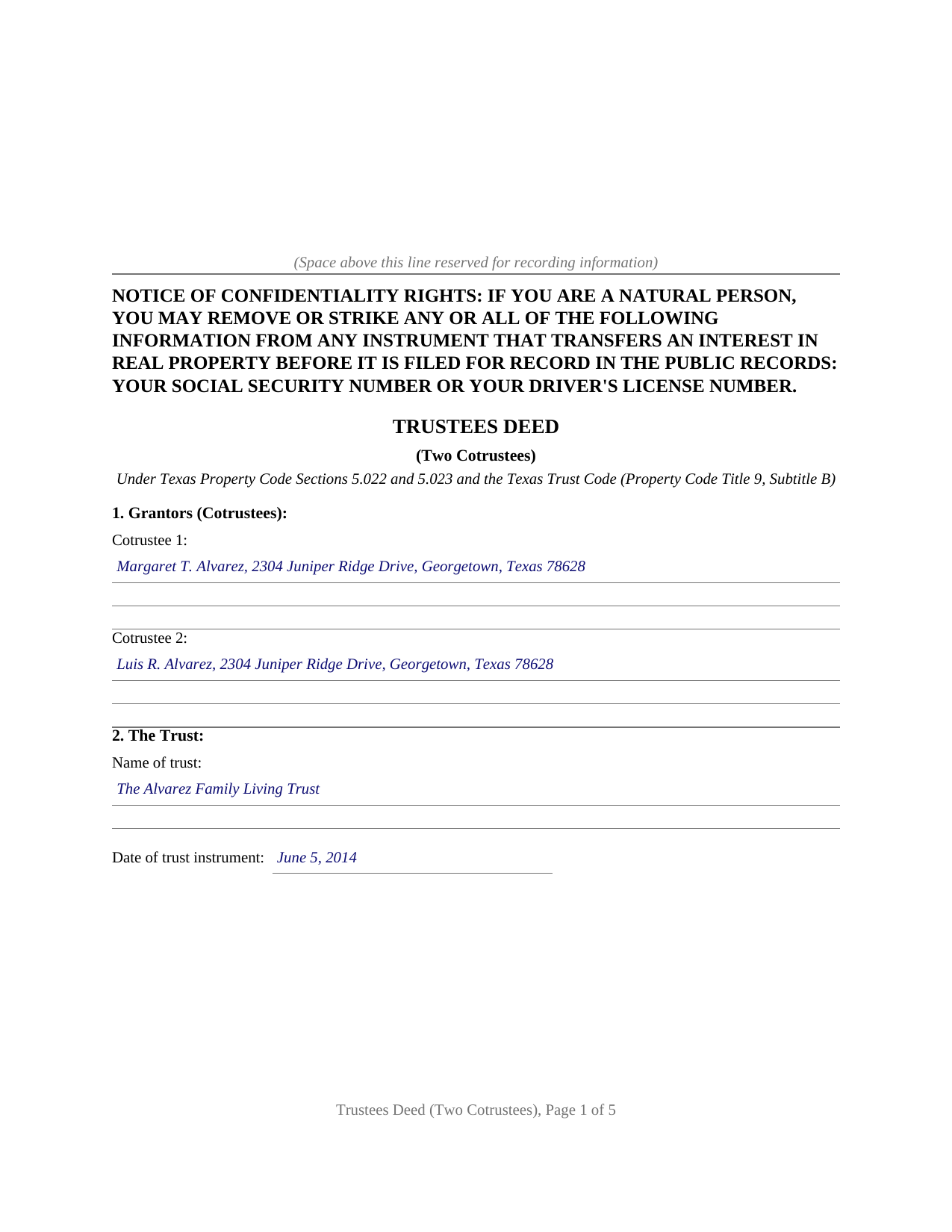 Hemphill County Completed Example of the Trustees Deed (Two Cotrustees) Document