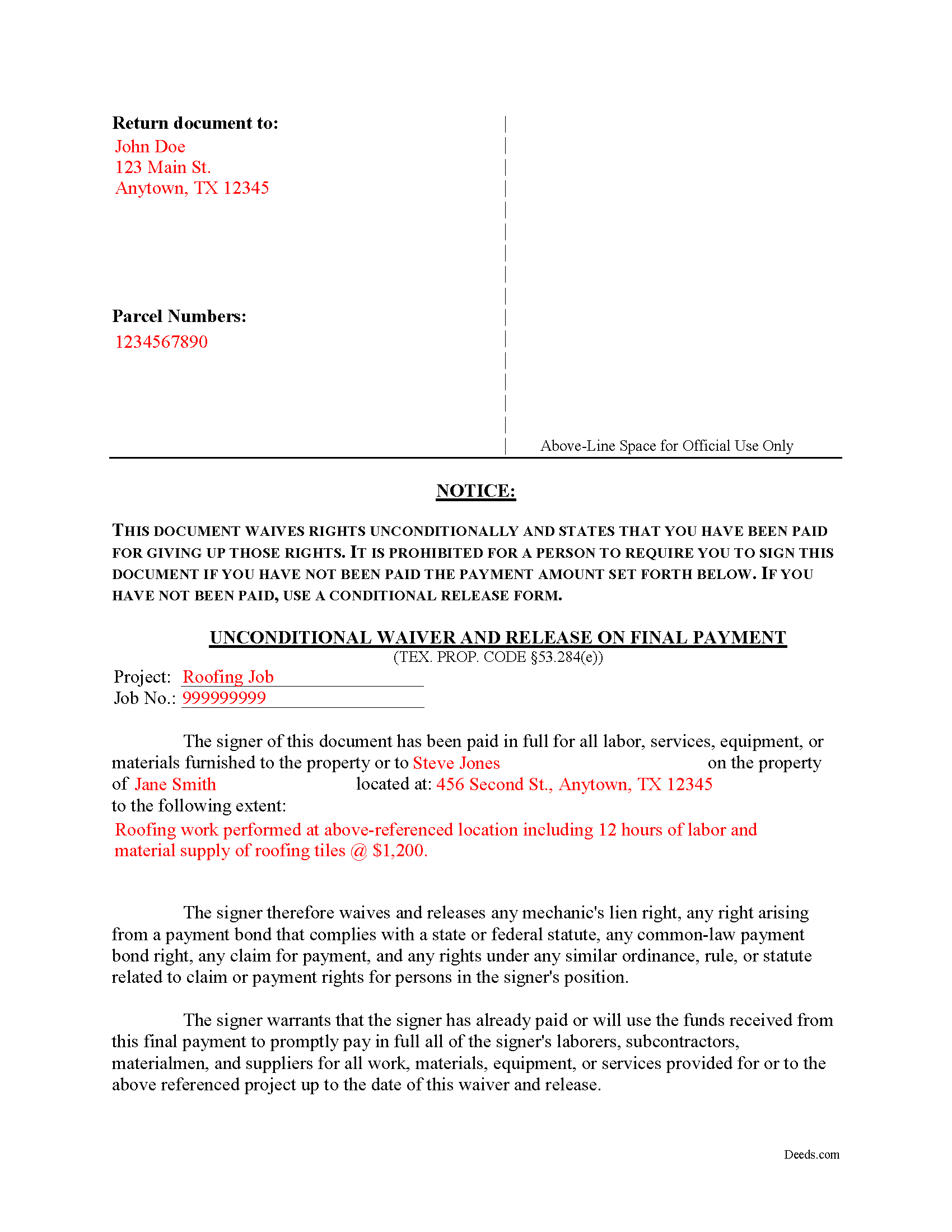 Completed Example of the Unconditional Waiver on Final Payment Document