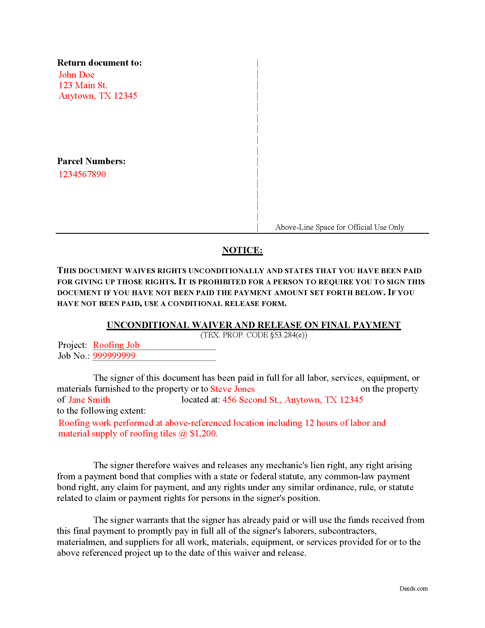 Freestone County Completed Example of the Unconditional Waiver on Final Payment Document