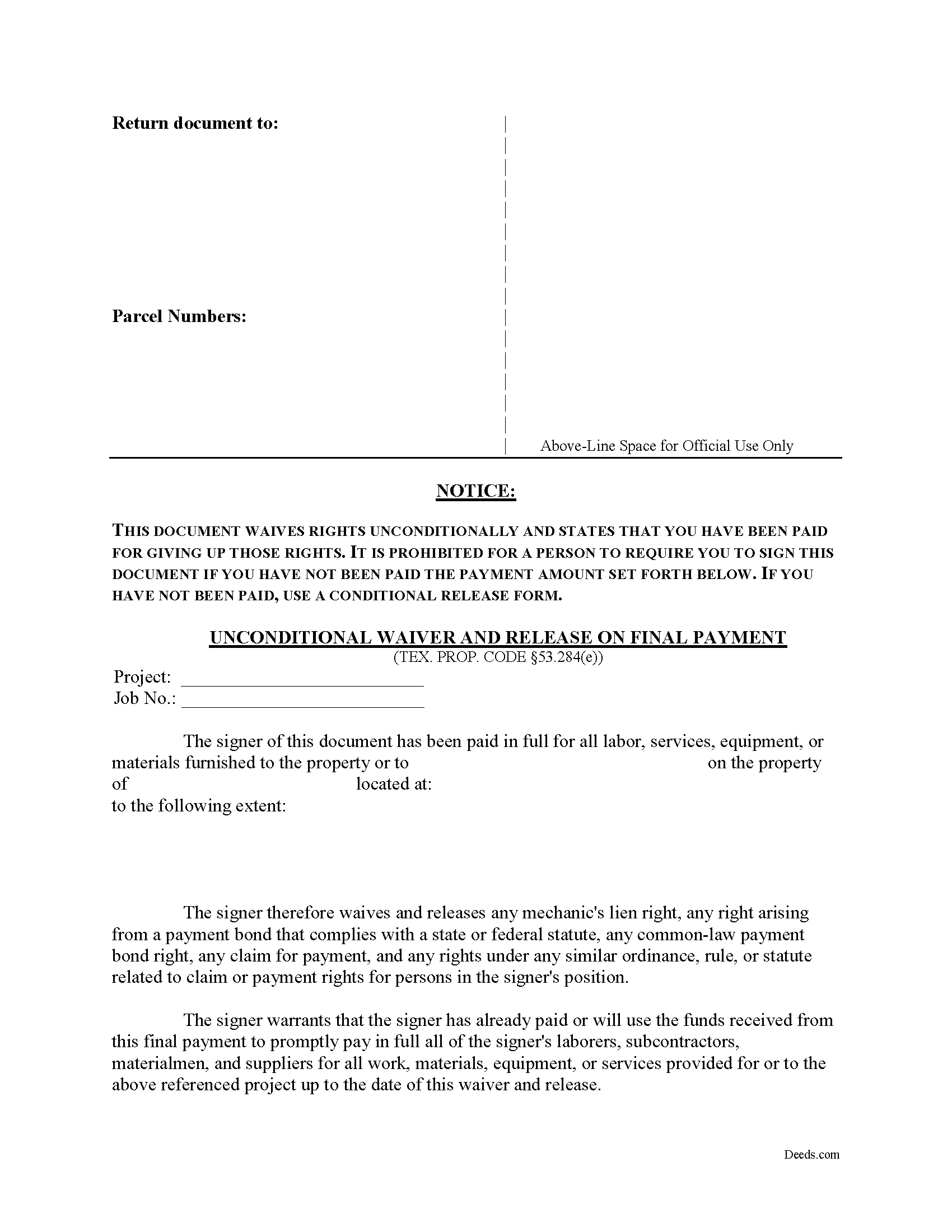 Freestone County Unconditional Waiver on Final Payment Form