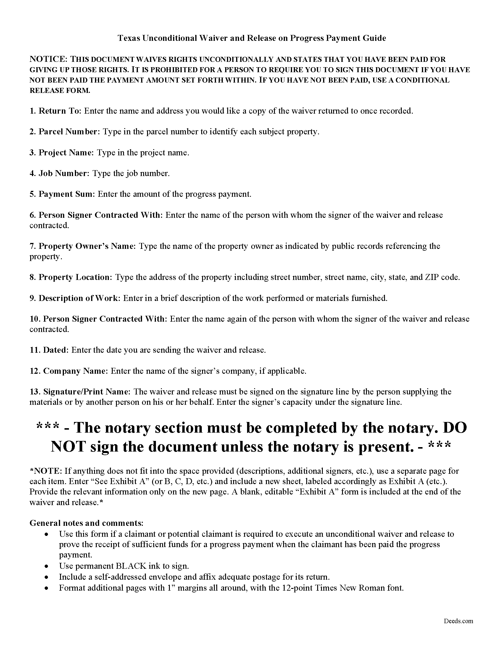 Freestone County Unconditional Waiver of Progress Payment Guide