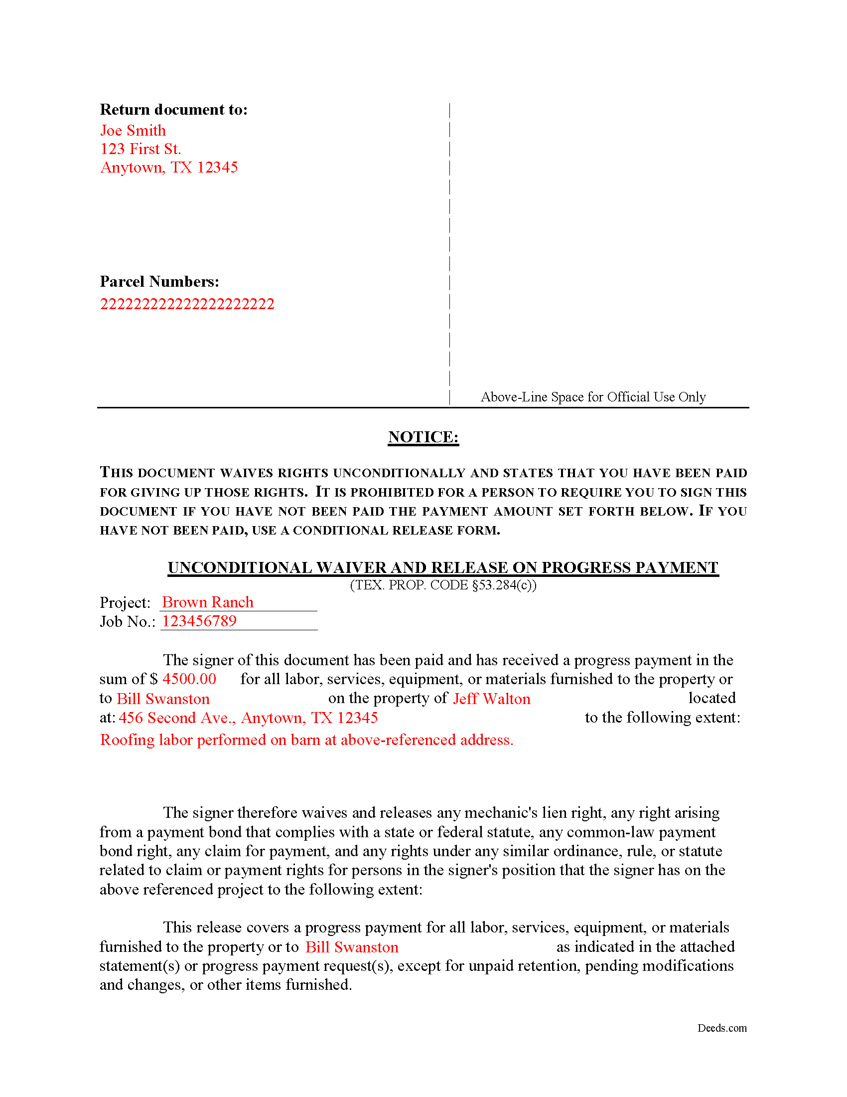 Freestone County Completed Example of the Unconditional Waiver on Progress Payment Document