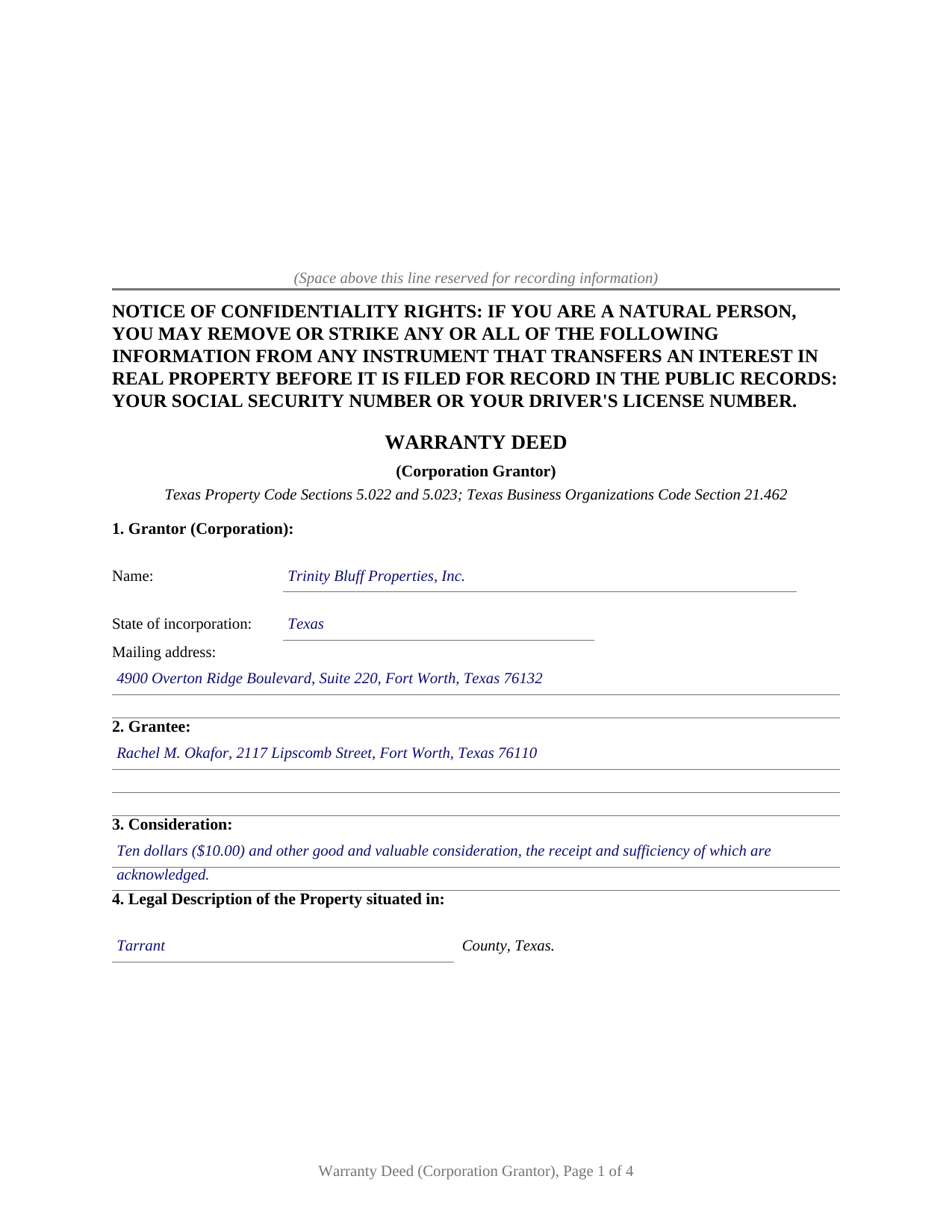 Delta County Completed Example of the Warranty Deed (Corporation Grantor) Document
