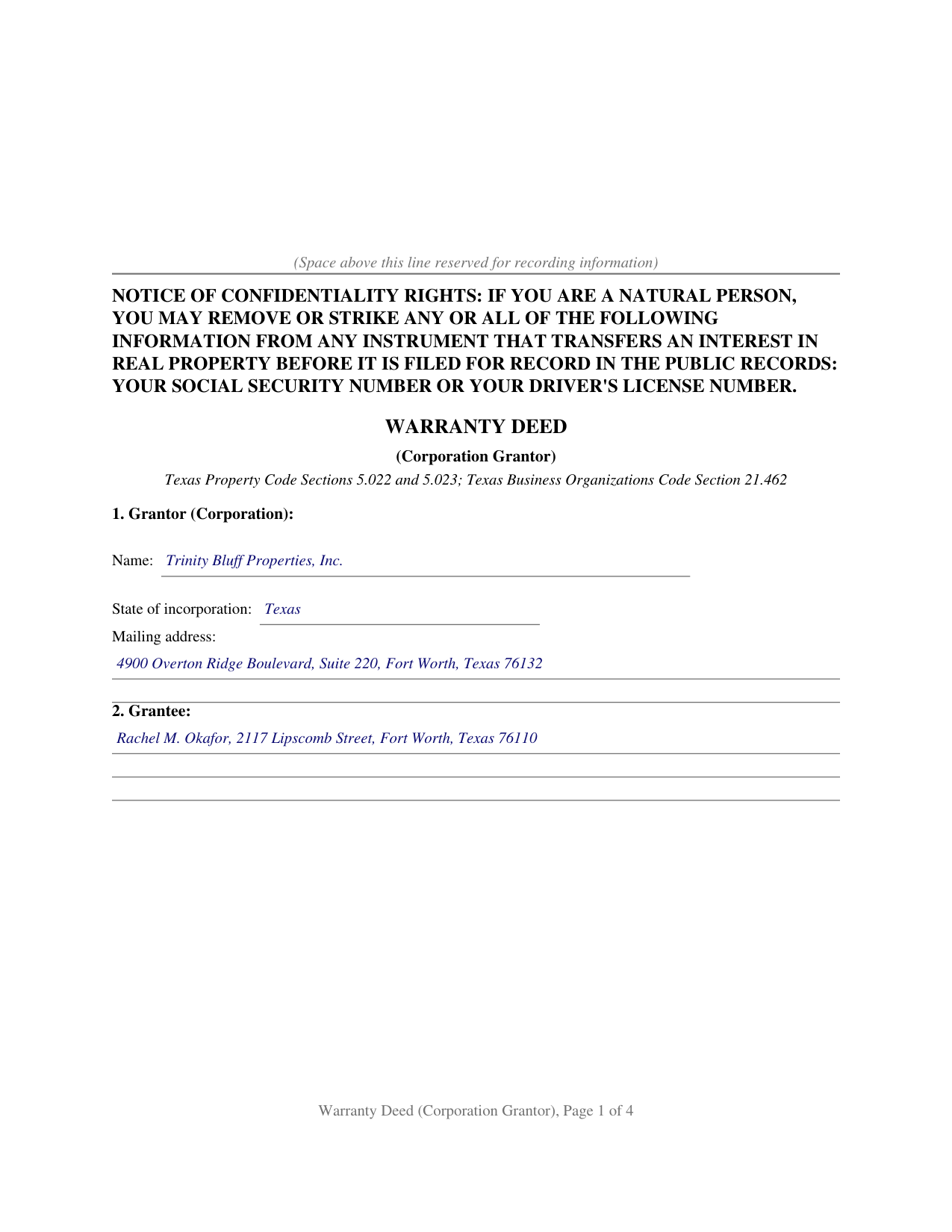 Cass County Completed Example of the Warranty Deed (Corporation Grantor) Document