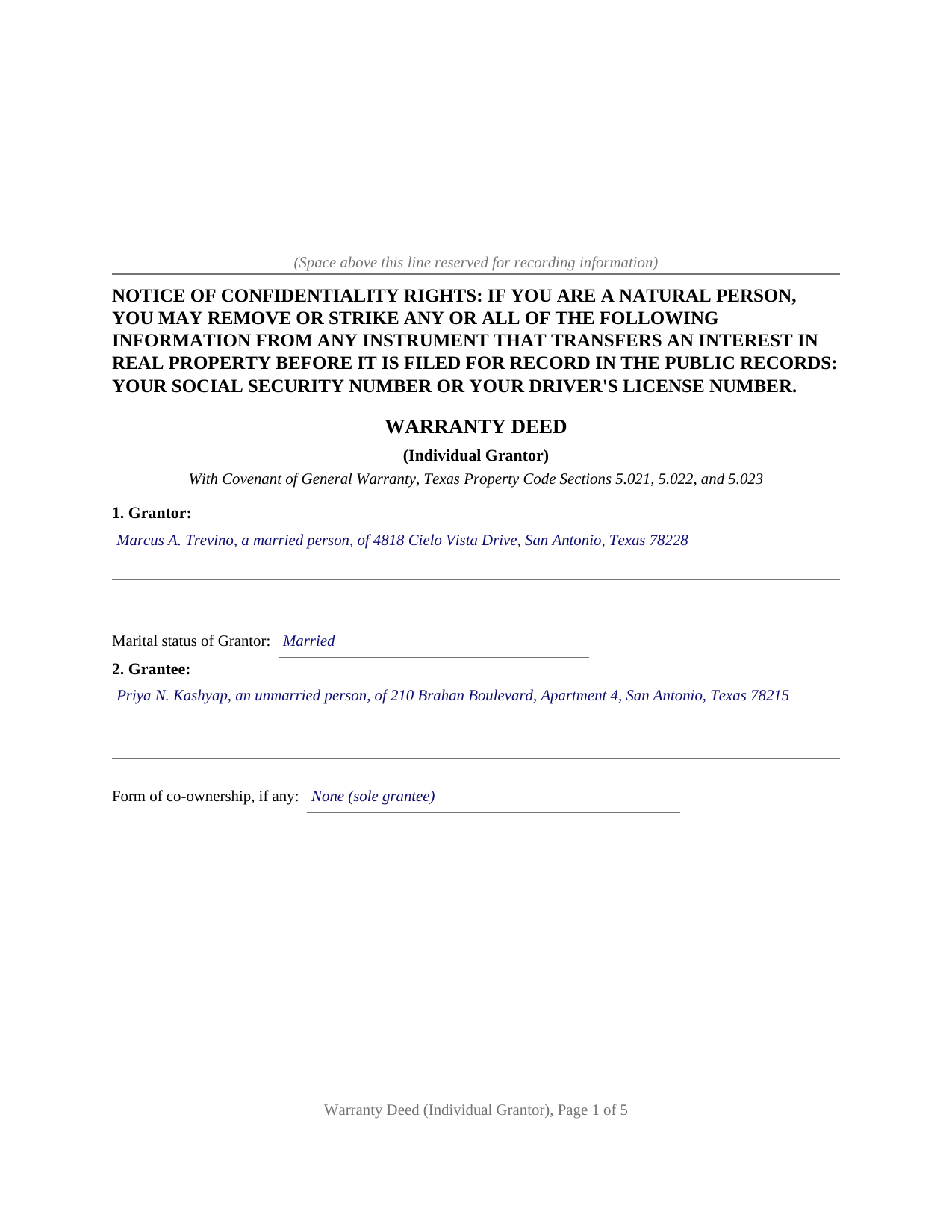 Menard County Completed Example of the Warranty Deed (Individual Grantor) Document