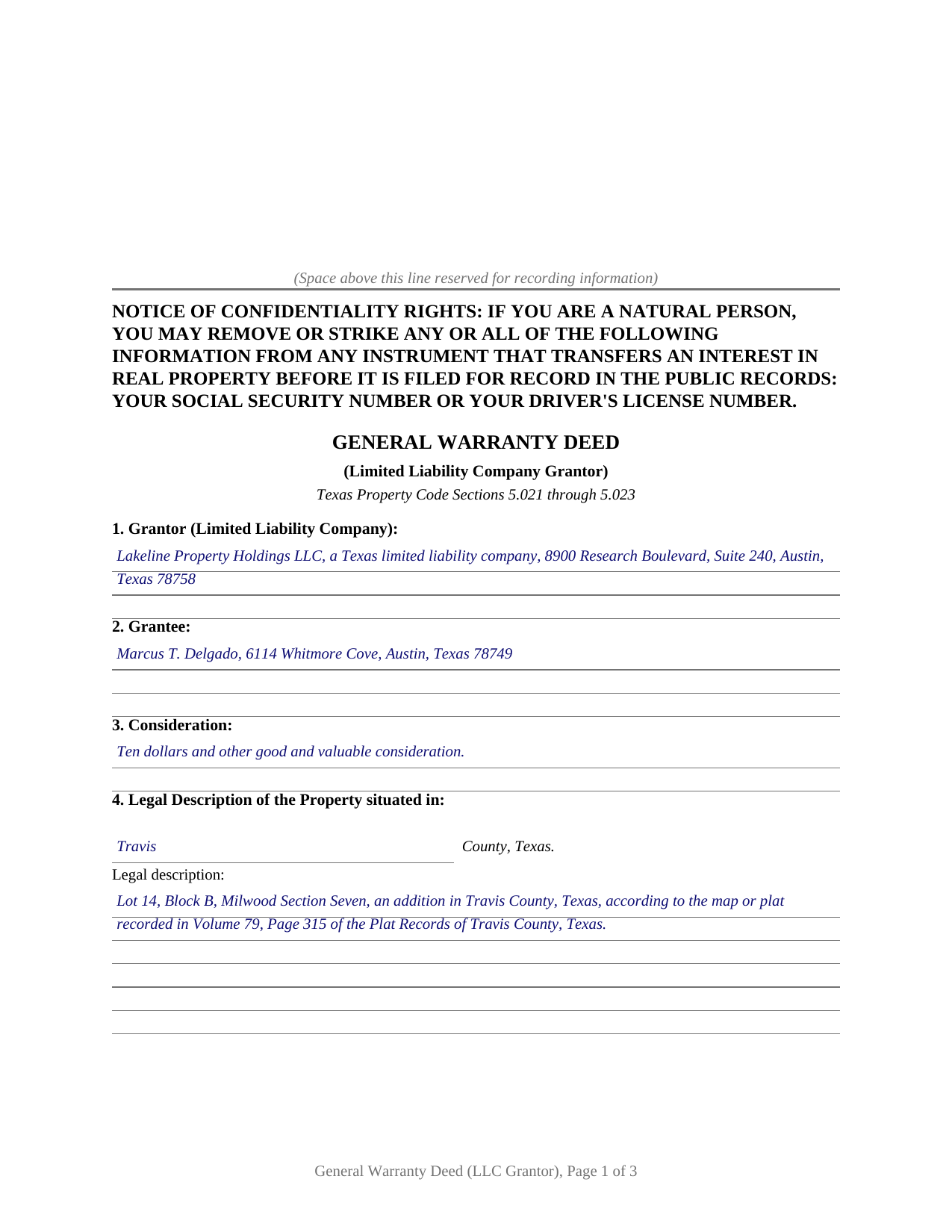 Delta County Completed Example of the Warranty Deed (LLC Grantor) Document