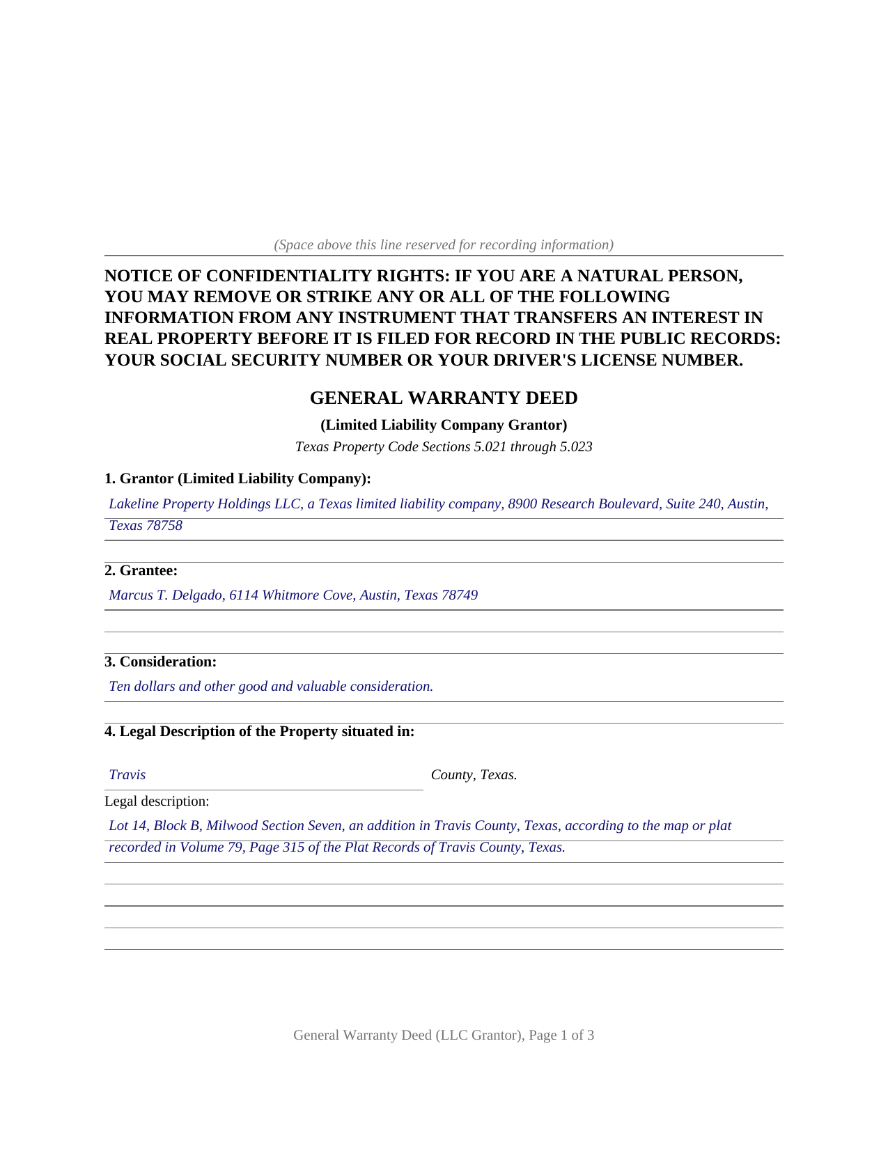 Donley County Completed Example of the Warranty Deed (LLC Grantor) Document