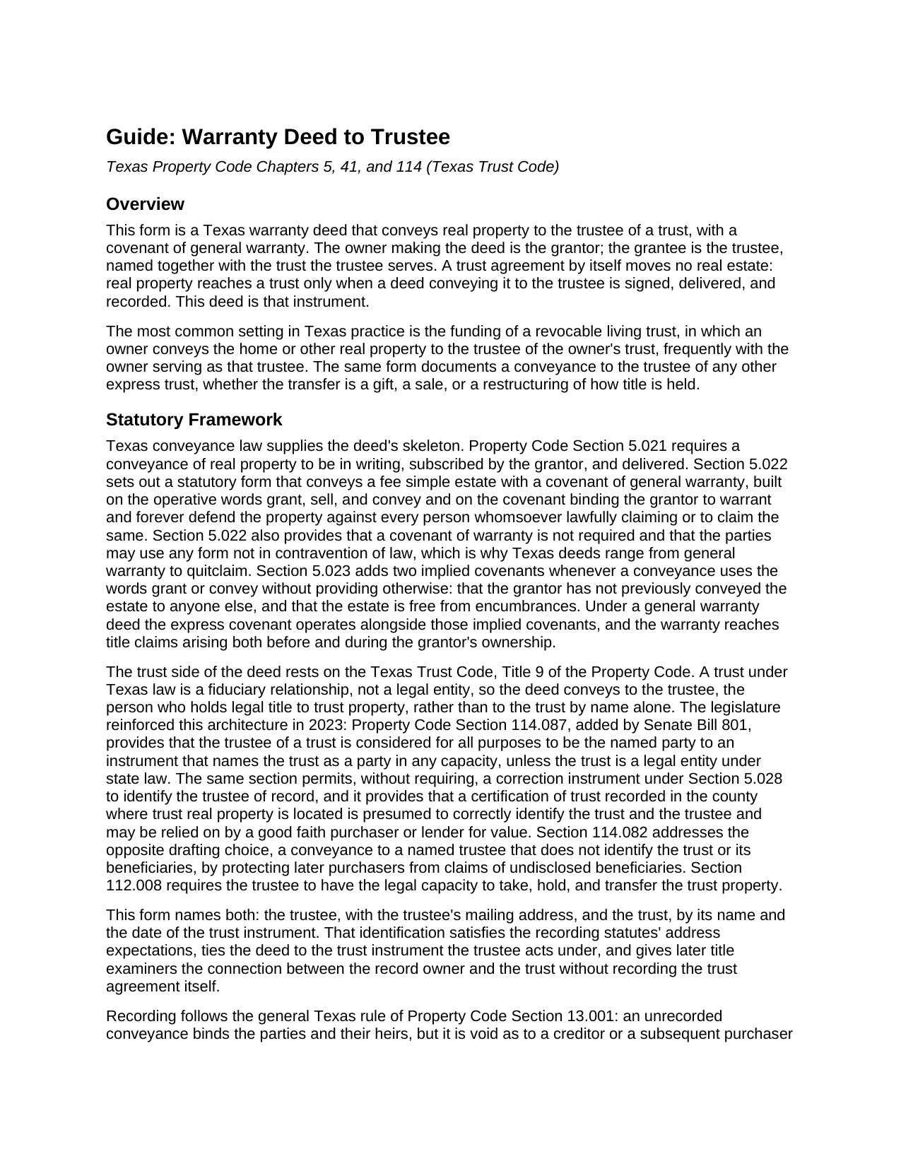 Llano County Warranty Deed to Trustee Guide