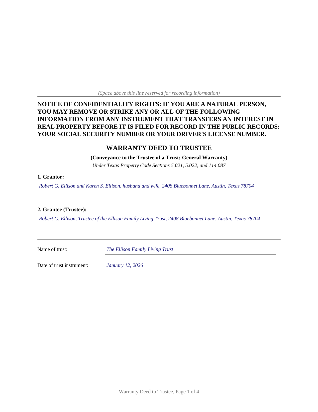 Llano County Completed Example of the Warranty Deed to Trustee Document