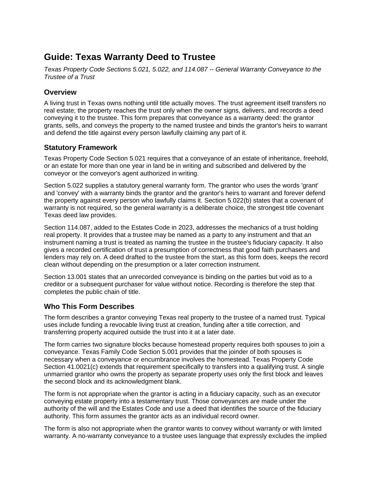 Llano County Warranty Deed to Trustee Guide