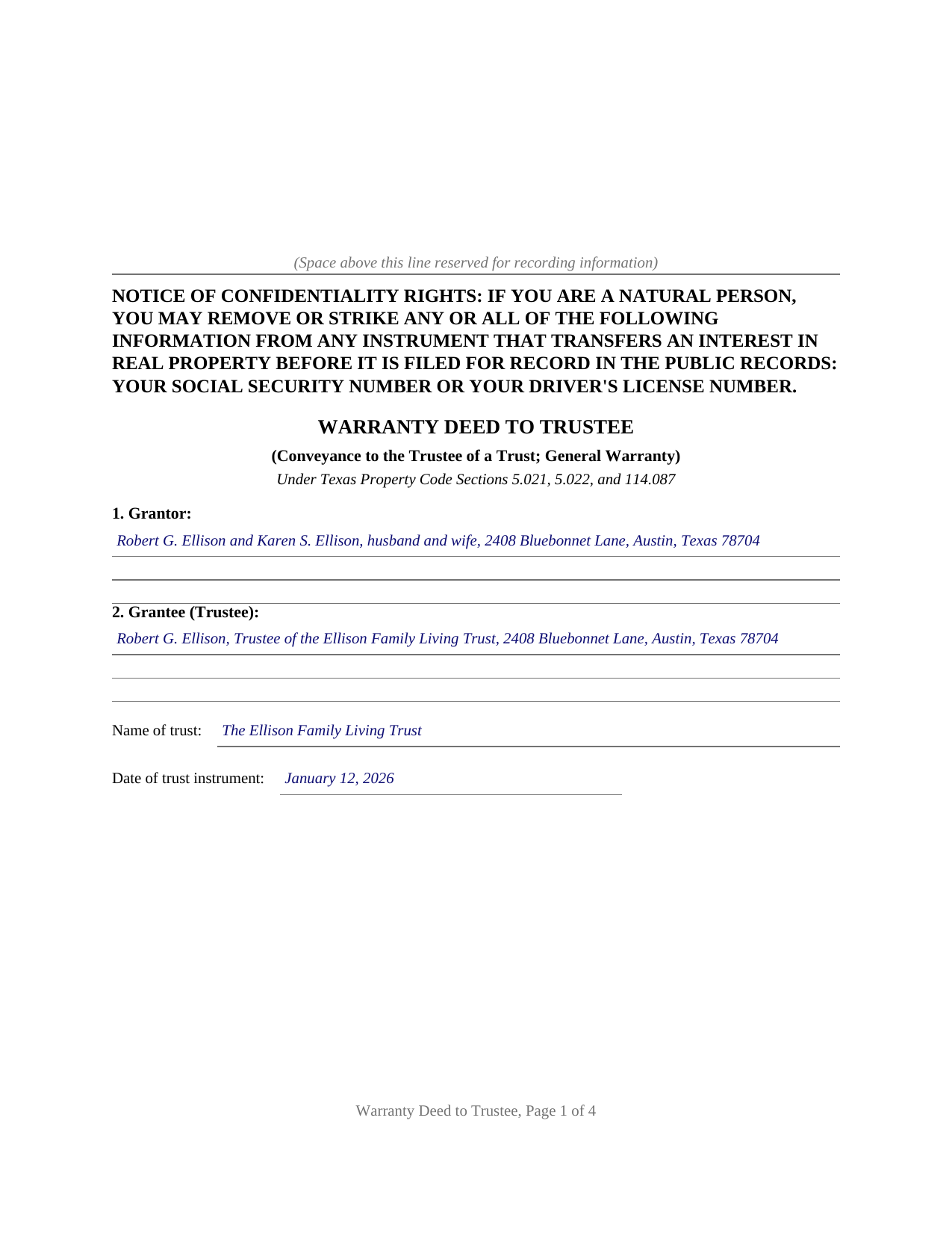 Llano County Completed Example of the Warranty Deed to Trustee Document