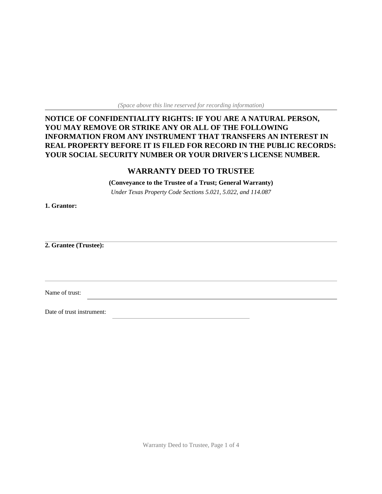 Llano County Warranty Deed to Trustee Form