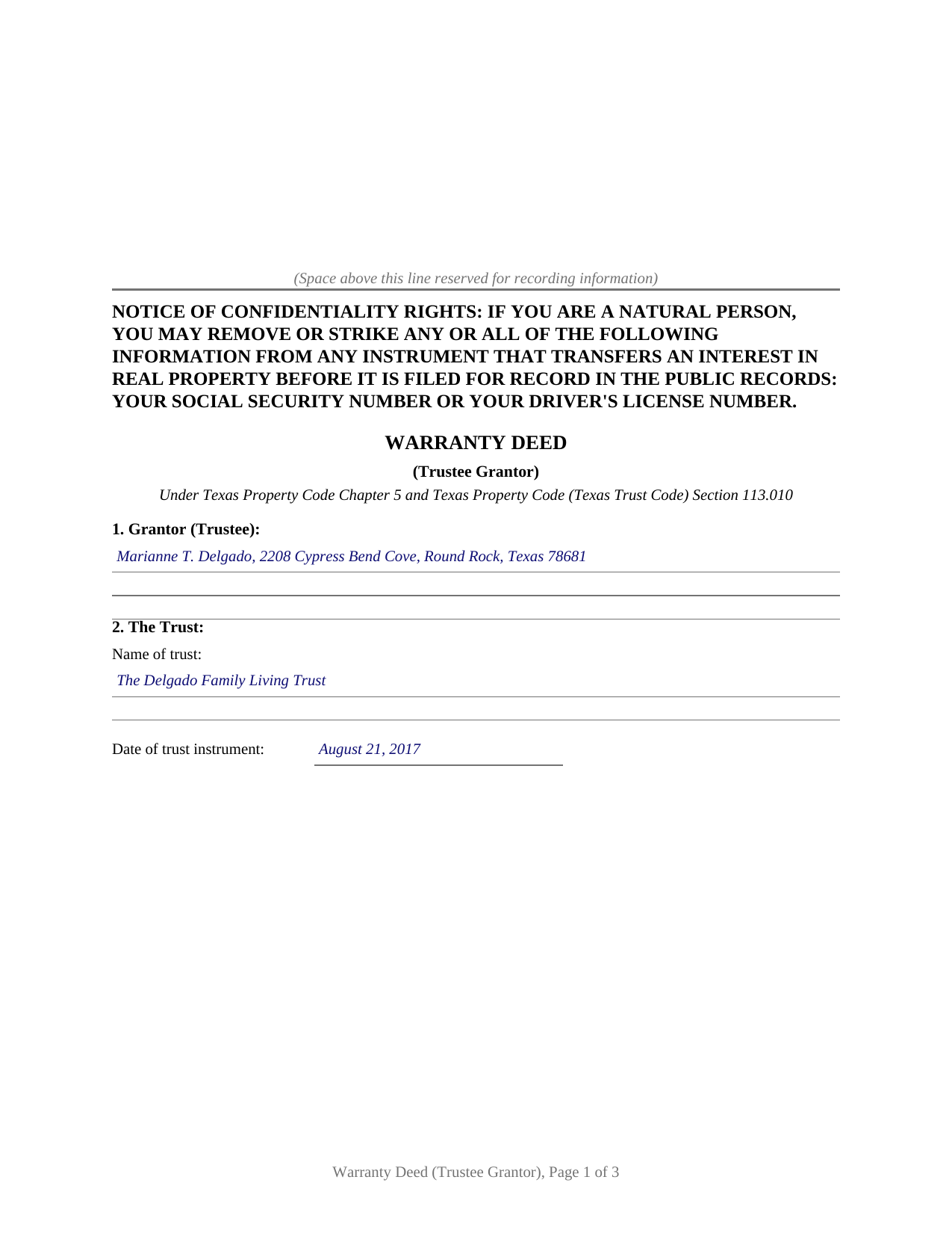 Delta County Completed Example of the Warranty Deed (Trustee Grantor) Document