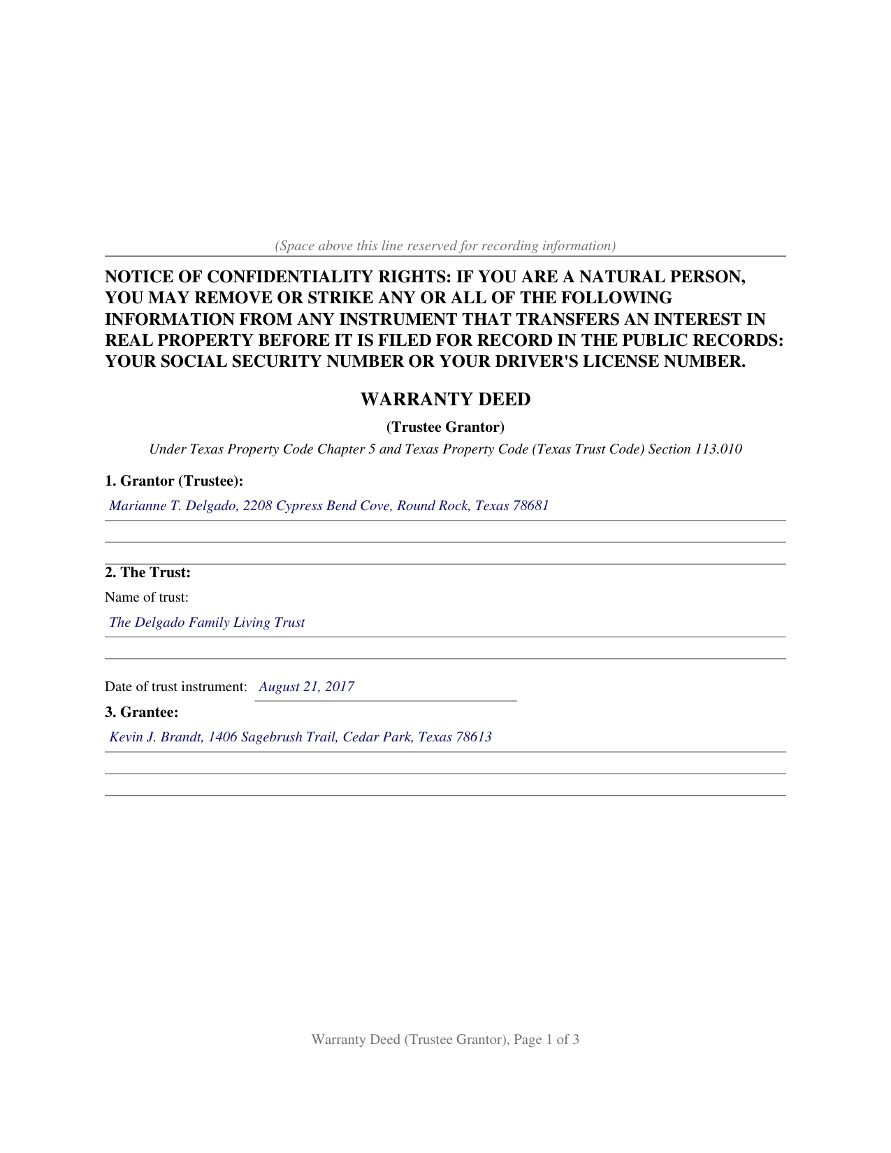 Cass County Completed Example of the Warranty Deed (Trustee Grantor) Document