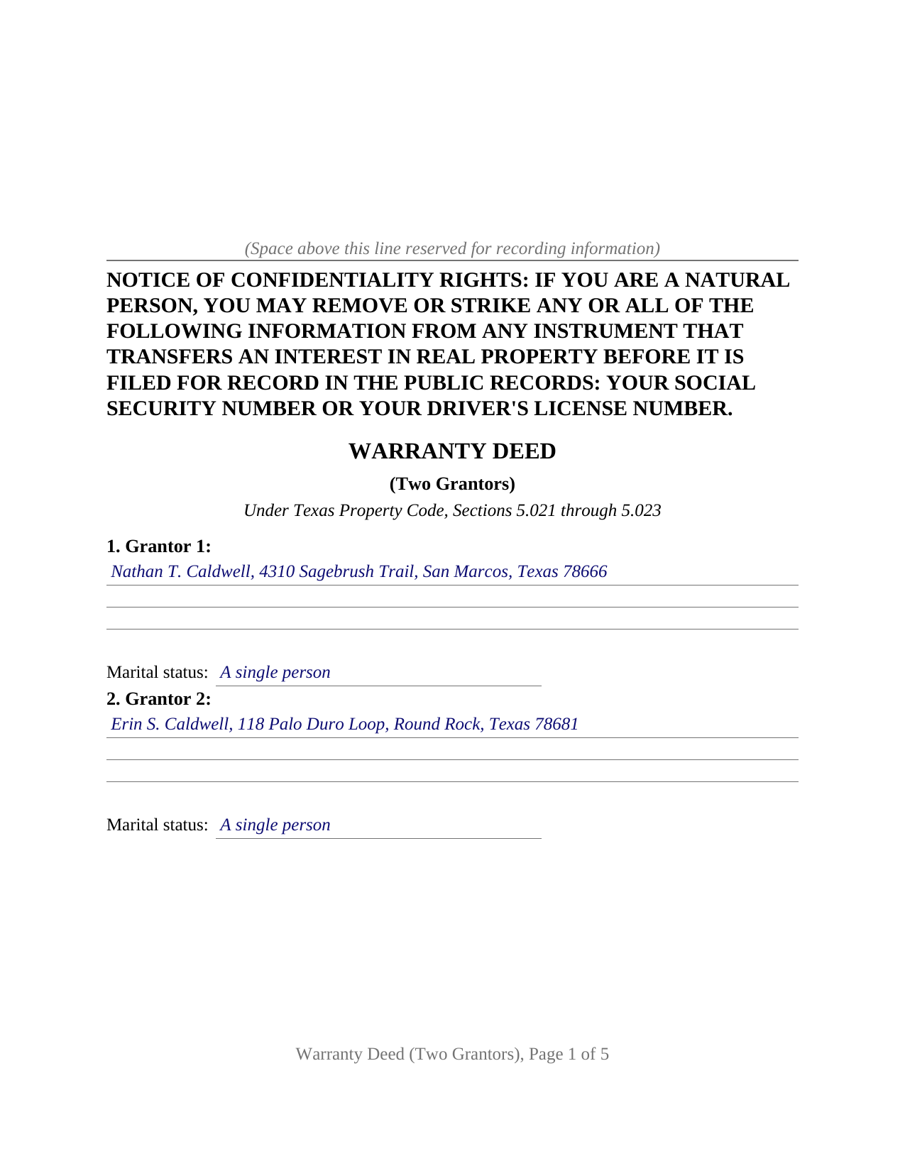 Cooke County Completed Example of the Warranty Deed (Two Grantors) Document